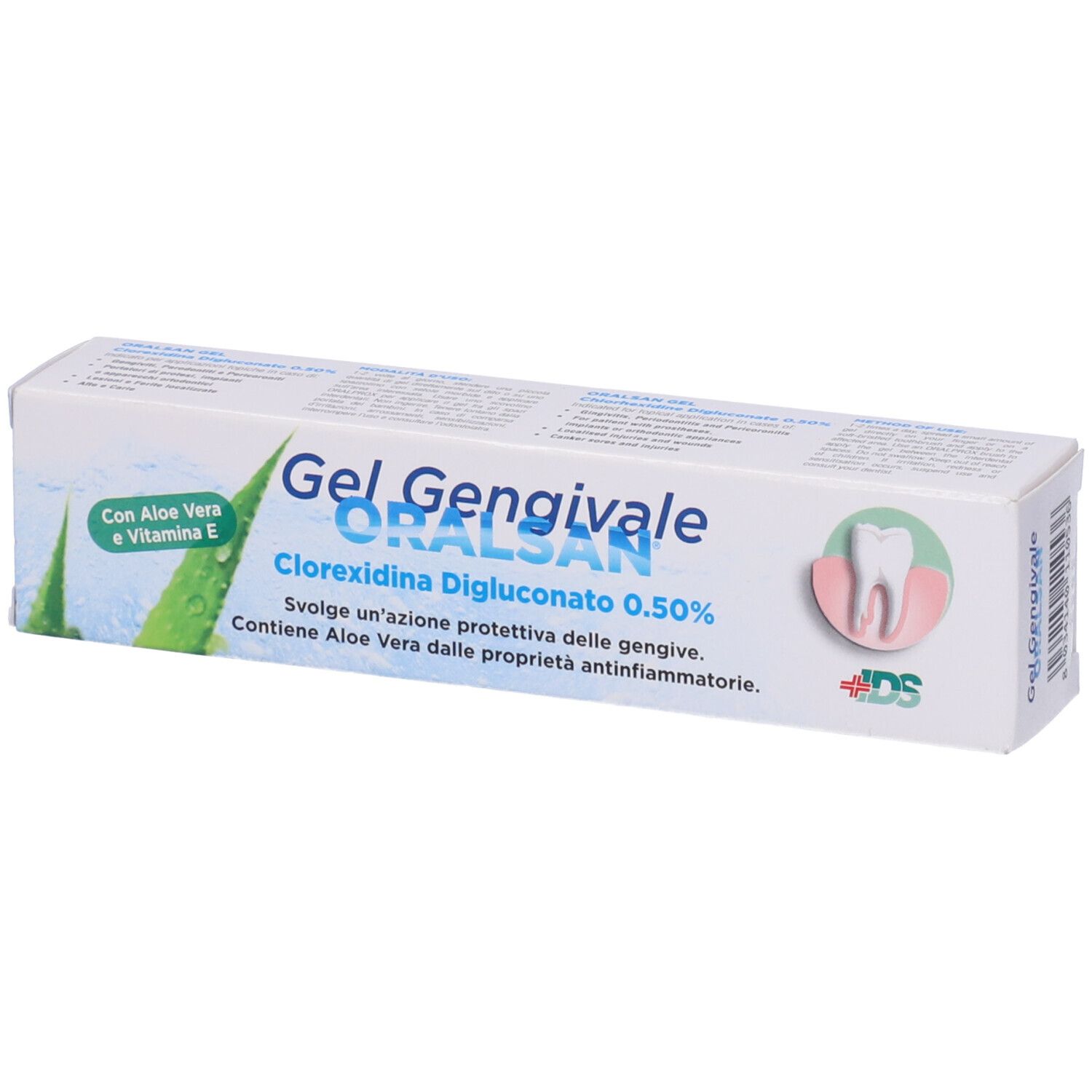 Confezione di gel ORALSAN. Contiene informazioni sul prodotto e il logo. Con Aloe Vera.