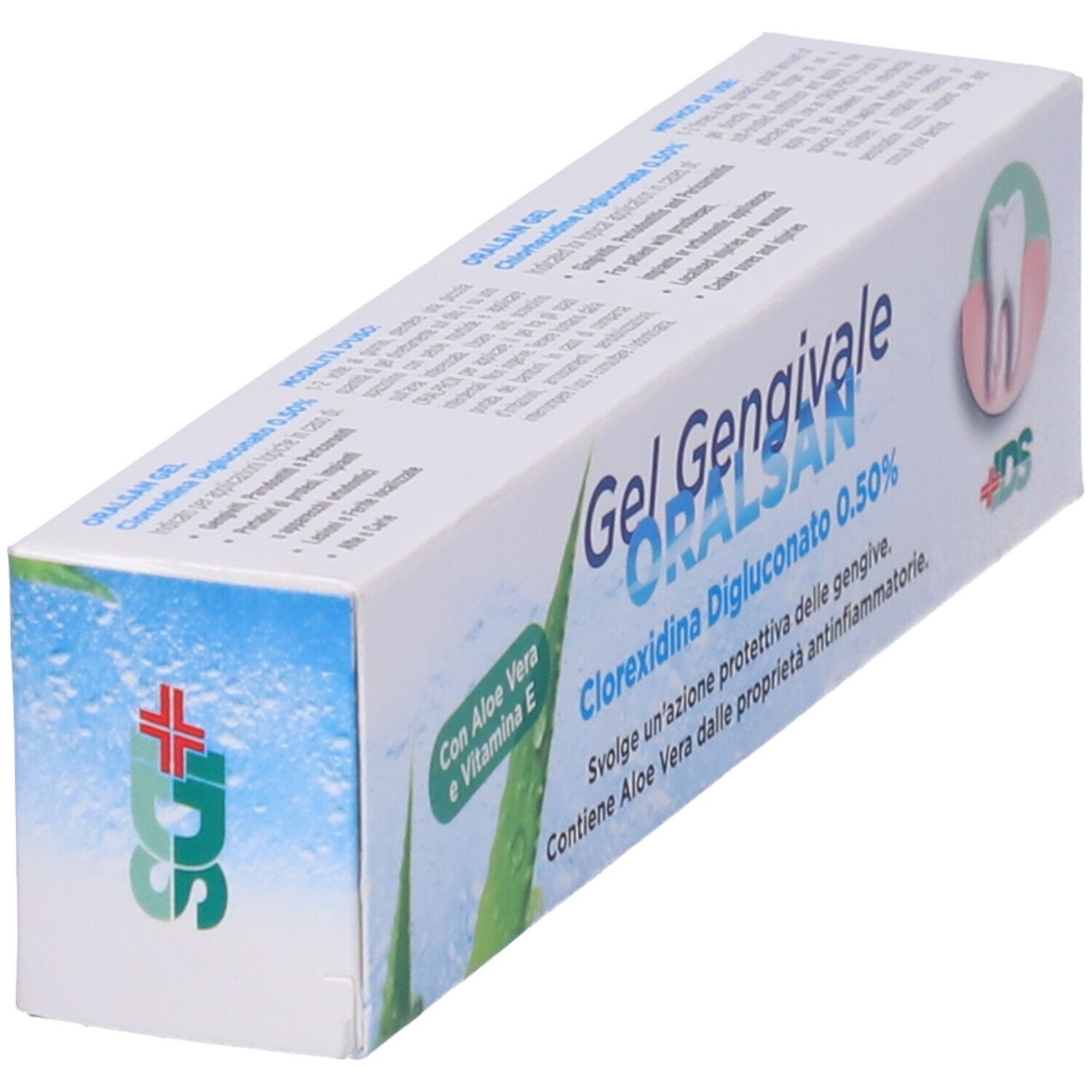 Confezione di gel ORALSAN in diagonale. Contiene informazioni sul prodotto e il logo.