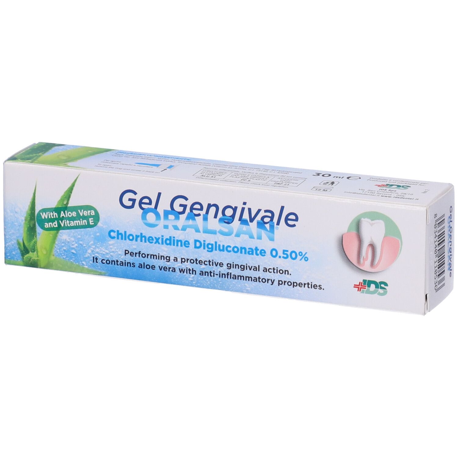 Confezione di gel ORALSAN. Contiene informazioni sul prodotto e il logo. Con Aloe Vera.