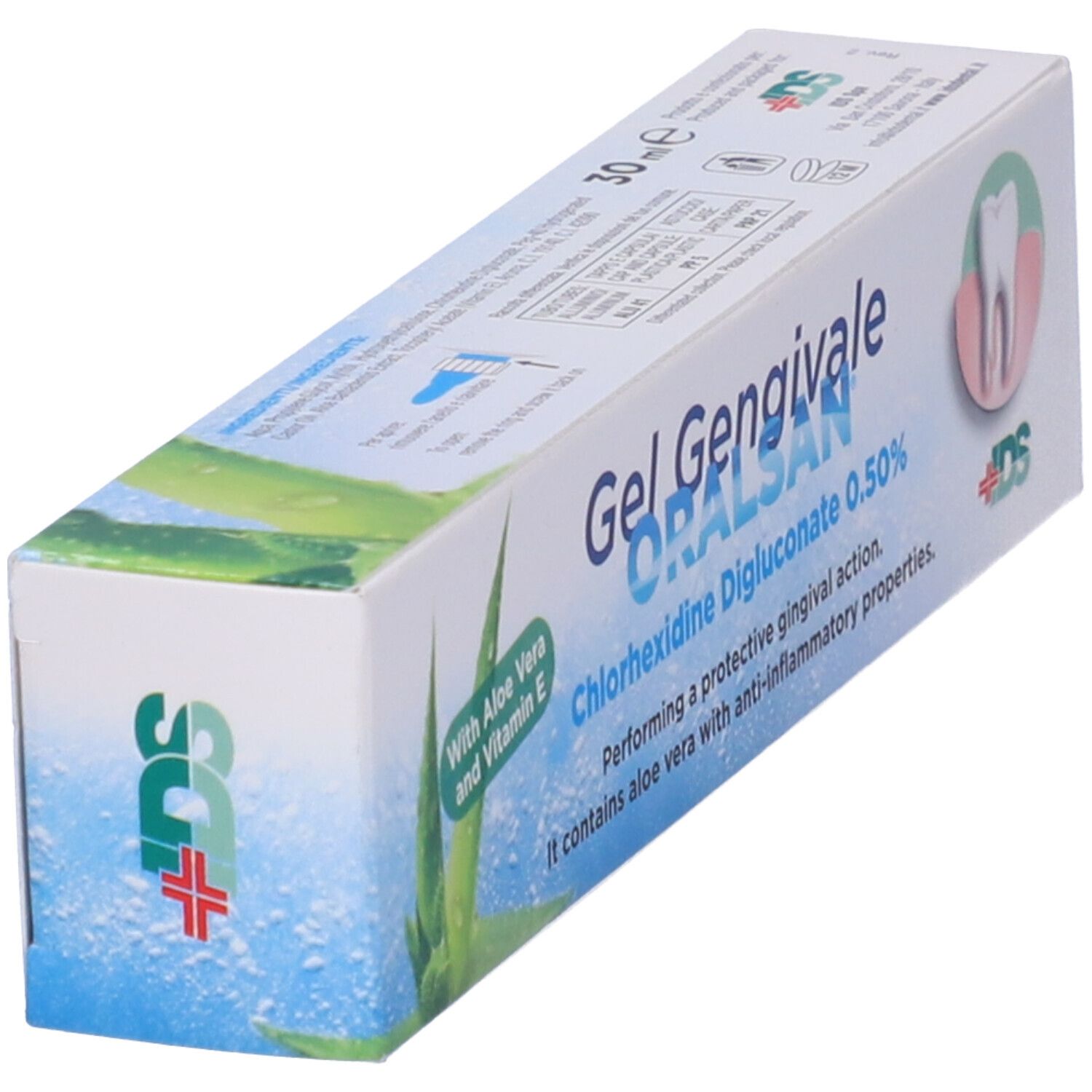 Confezione di gel ORALSAN in diagonale. Contiene informazioni sul prodotto e il logo.