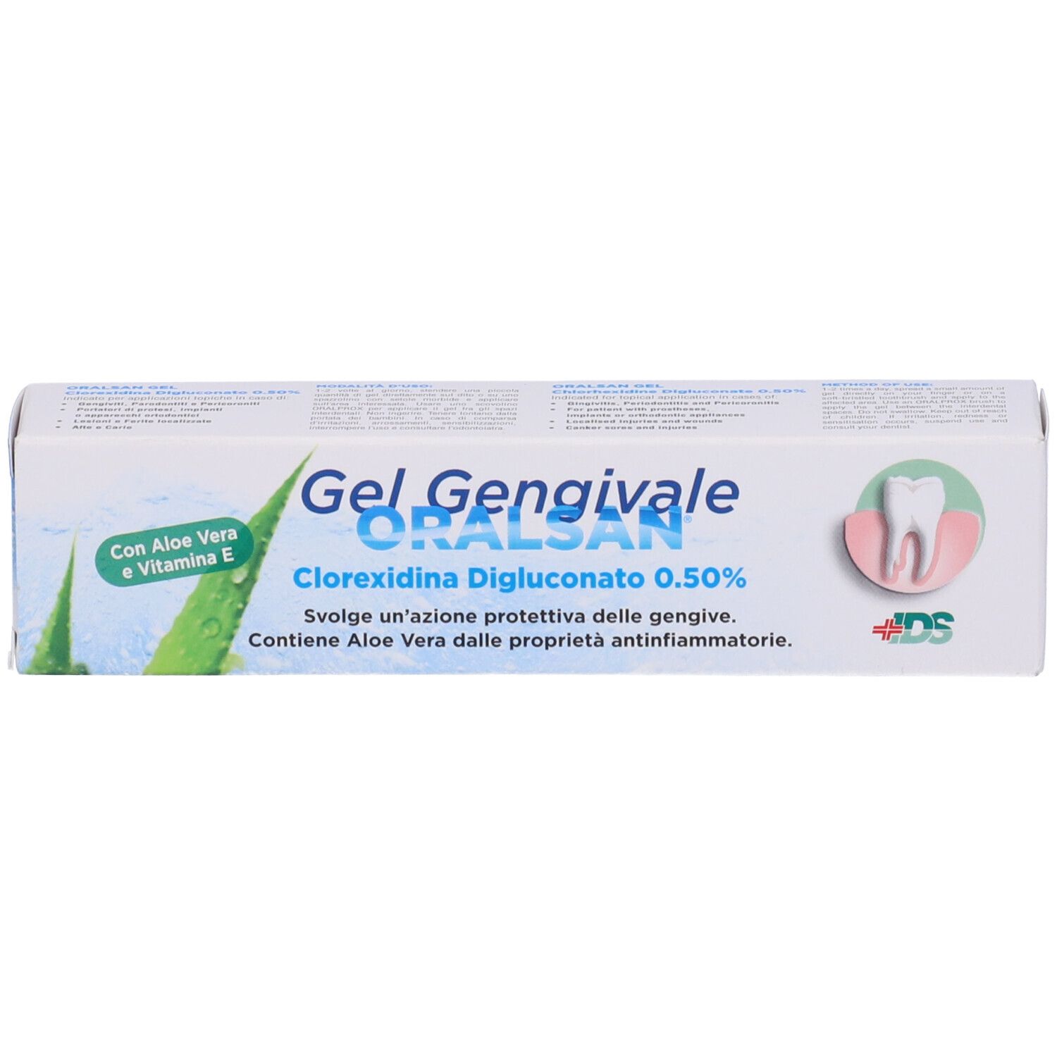 Confezione di gel ORALSAN. Contiene informazioni sul prodotto e il logo. Con Aloe Vera.