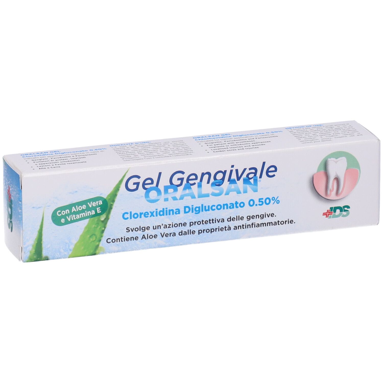 Confezione di gel ORALSAN. Contiene informazioni sul prodotto e il logo. Con Aloe Vera.