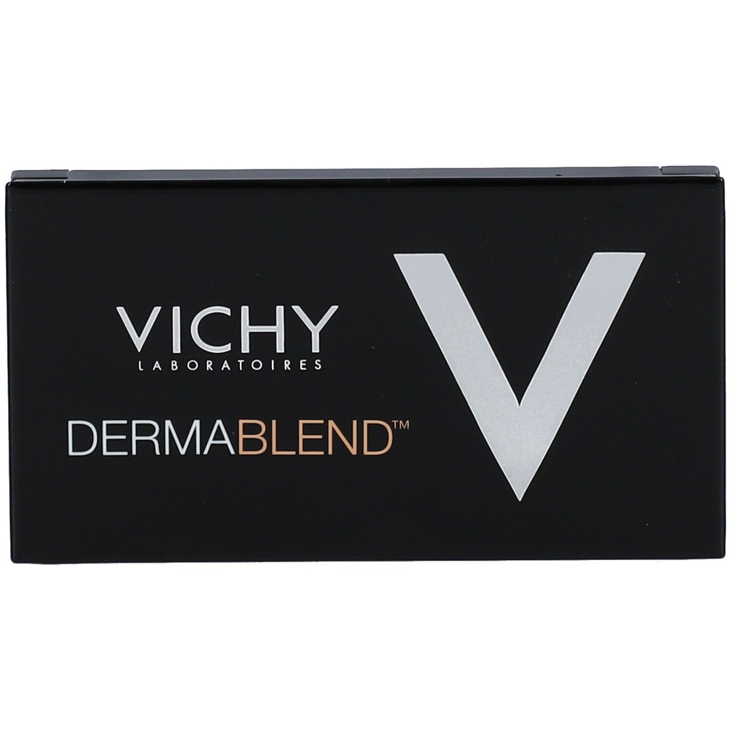 Schwarze Verpackung mit weißem V-Logo und Text. Marke: Vichy Dermablend.