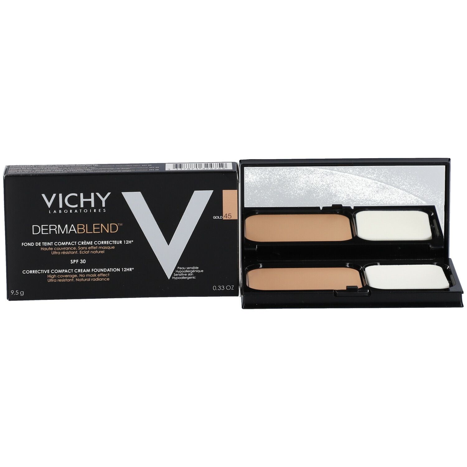 Kompakt-Creme-Make-up und Verpackung. Schwarze Verpackung, geöffnetes Make-up.