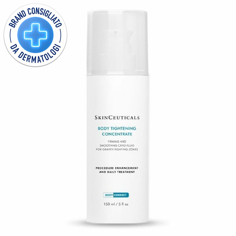 Flacone bianco SkinCeuticals Body Tightening Concentrate. Sigillo 'Brand Consigliato da Dermatologi'.