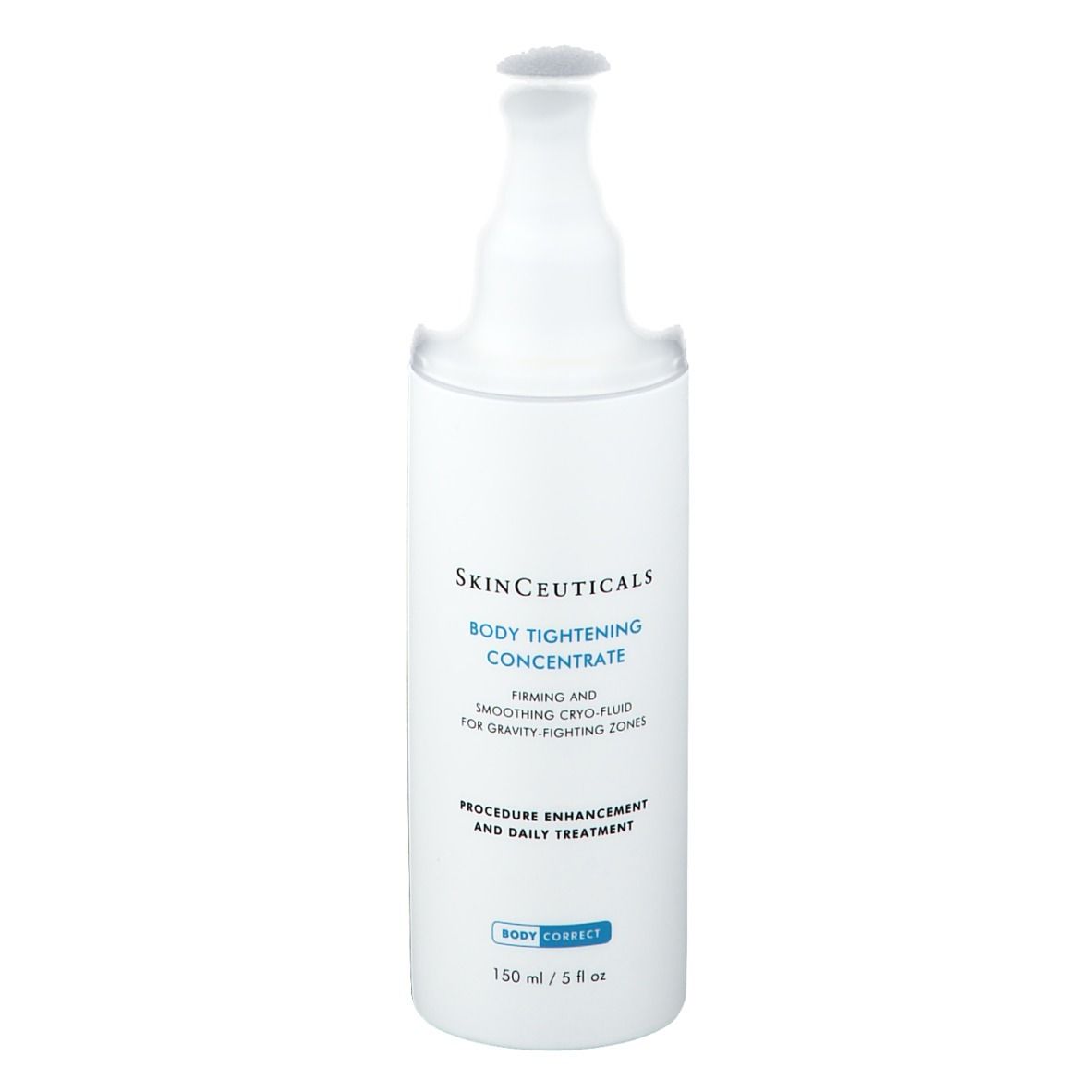 Flacone bianco SkinCeuticals Body Tightening Concentrate. Con applicatore. Testo: Firming and Smoothing Cryo-Fluid.