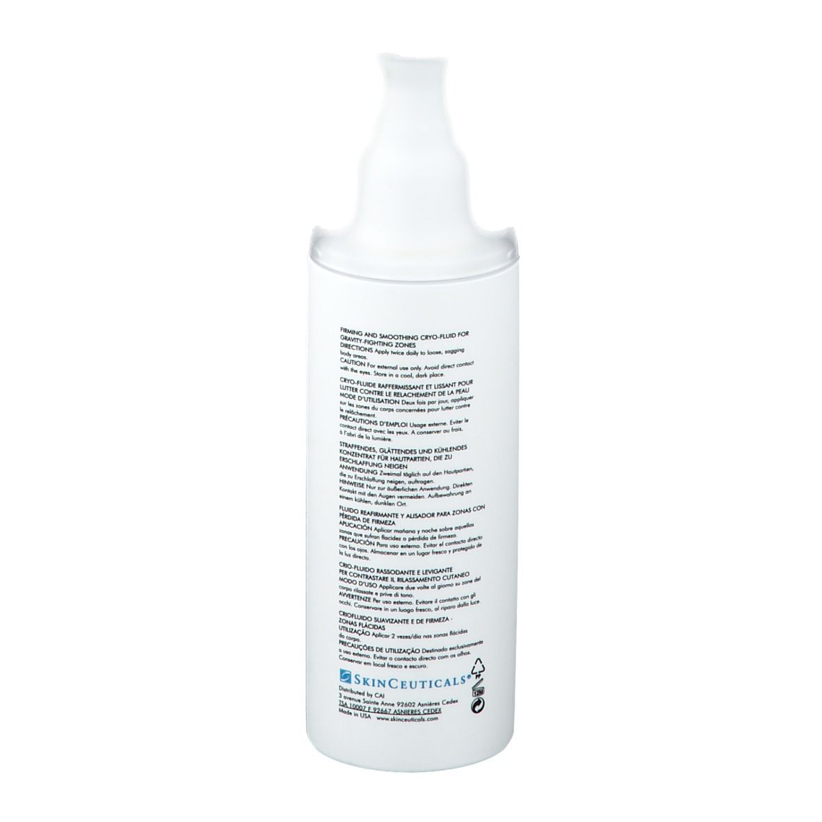 Flacone bianco SkinCeuticals Body Tightening Concentrate. Retro con testo. Testo: Firming and Smoothing Cryo-Fluid.