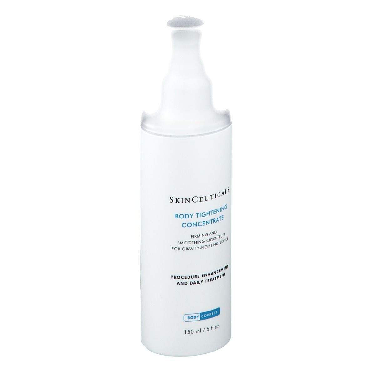 Flacone bianco SkinCeuticals Body Tightening Concentrate. Testo: Firming and Smoothing Cryo-Fluid. 150 ml/5 fl oz.
