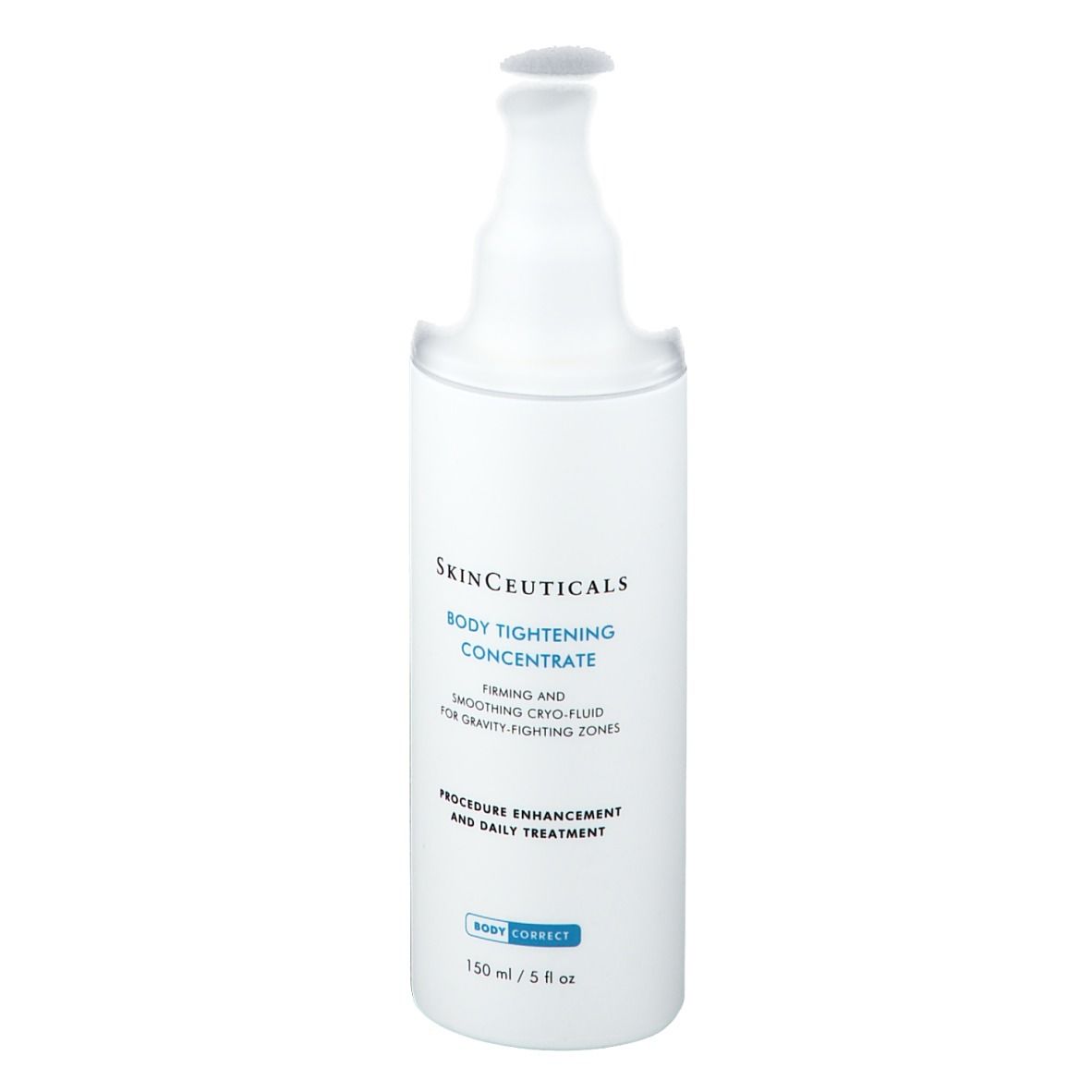 Flacone bianco SkinCeuticals Body Tightening Concentrate. Testo: Firming and Smoothing Cryo-Fluid. 150 ml/5 fl oz.