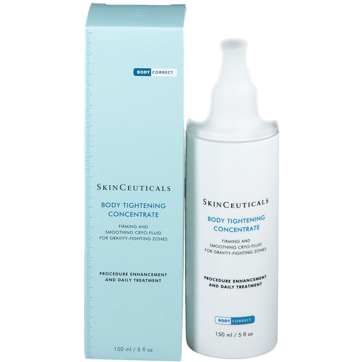 Prodotto SkinCeuticals Body Tightening Concentrate con confezione. Testo: Firming and Smoothing Cryo-Fluid. 150 ml/5 fl oz.