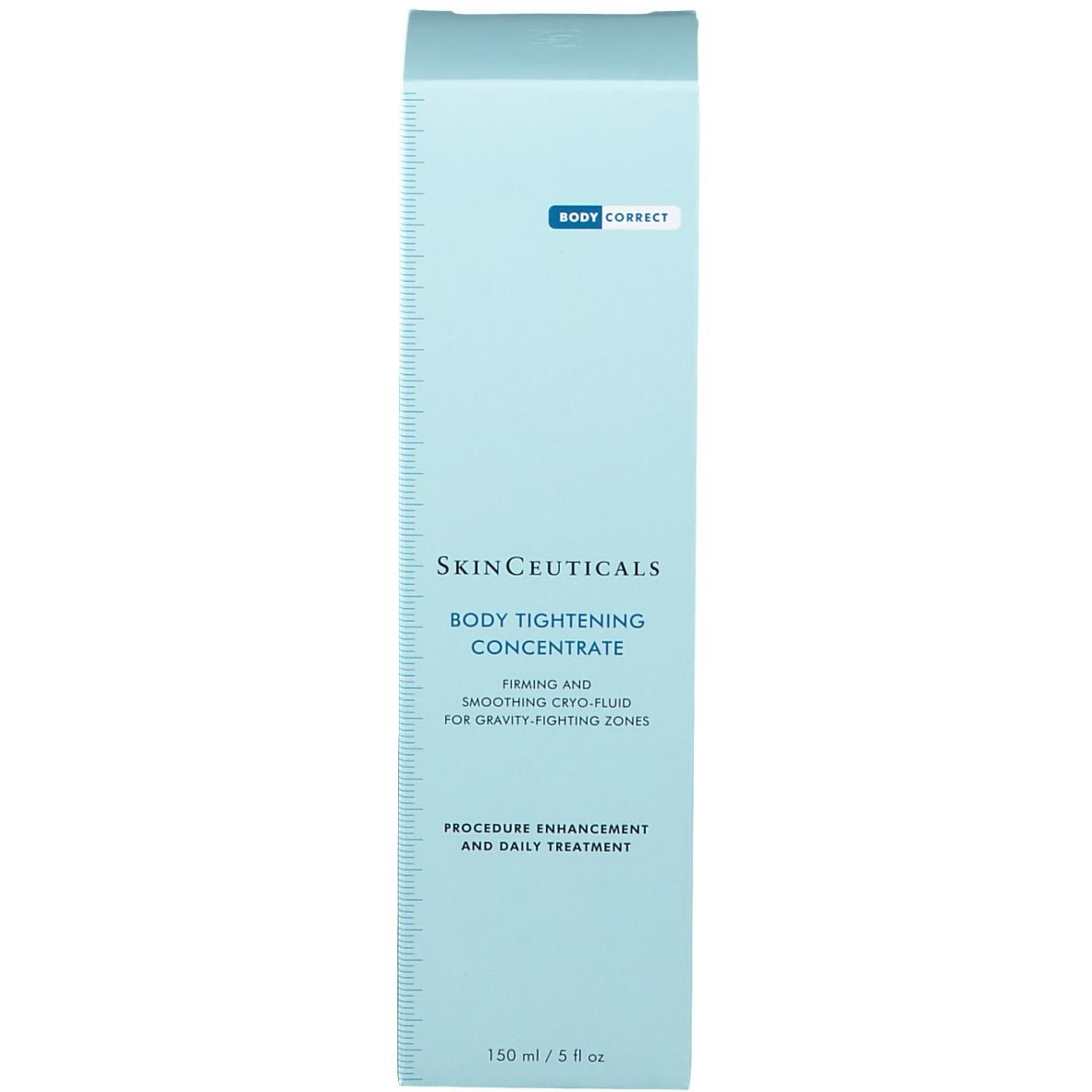Confezione SkinCeuticals Body Tightening Concentrate. Testo: Firming and Smoothing Cryo-Fluid. 150 ml/5 fl oz. Con scala.