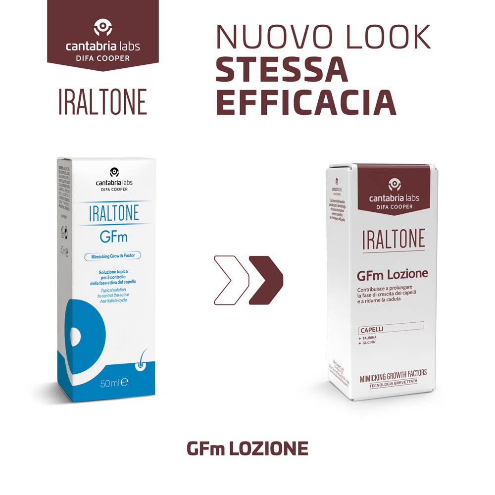 Zwei Kartons für Iraltone GfM und GfM Lozione. Beide Kartons zeigen das Cantabria Labs Logo und Produktinformationen.