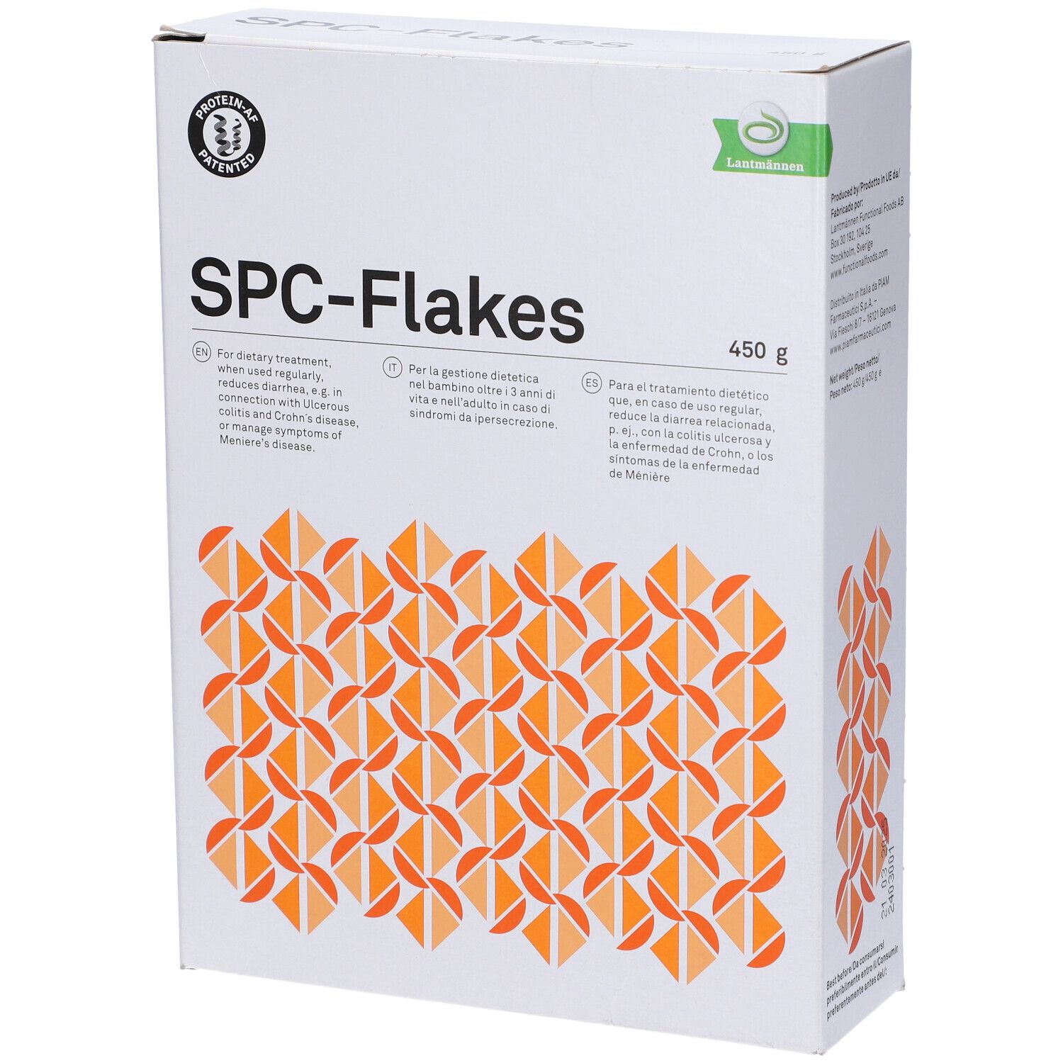 Scatola bianca SPC-Flakes, 450g, testi in inglese, italiano e spagnolo, motivi arancioni.