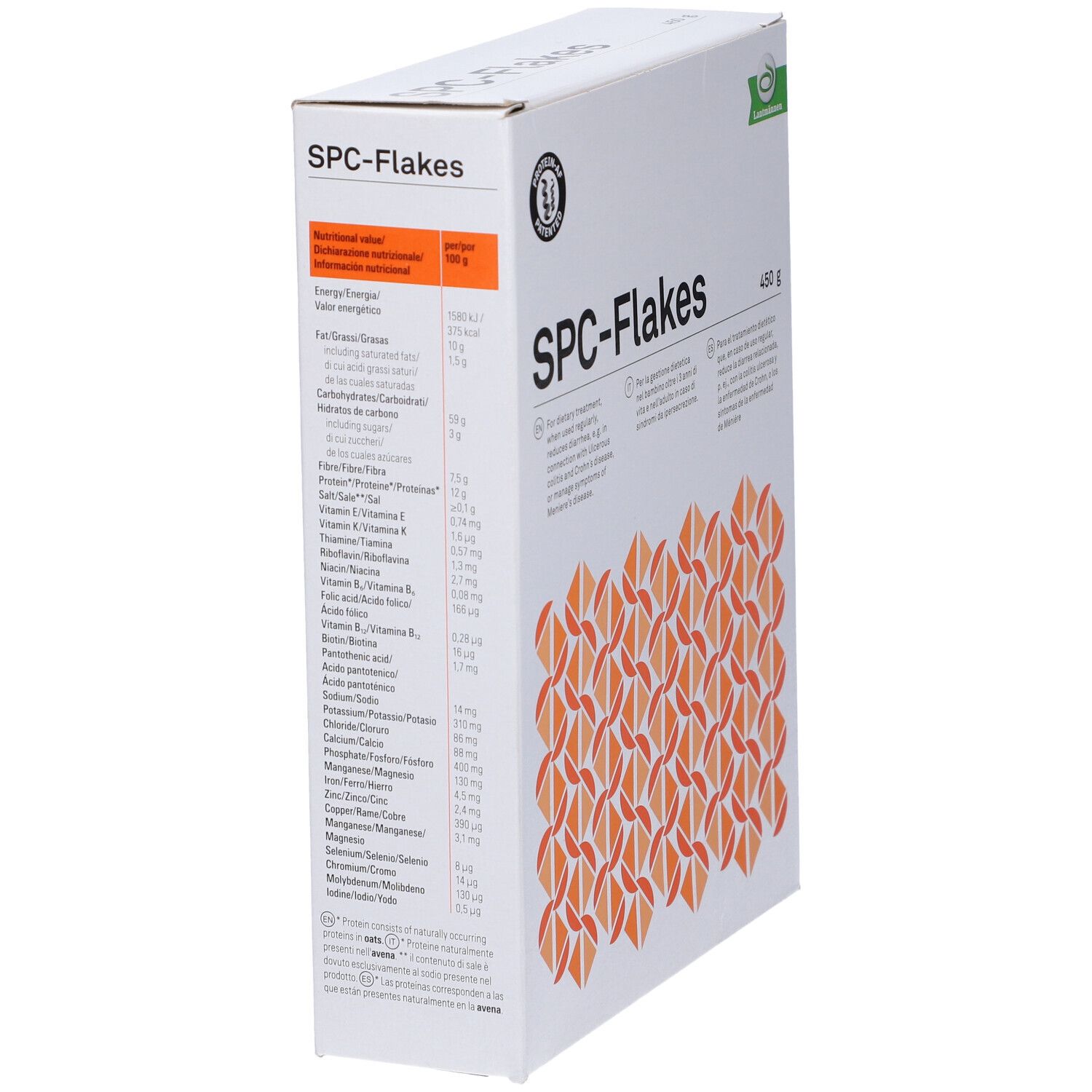 Scatola bianca SPC-Flakes, 450g, tabella nutrizionale, motivi arancioni.
