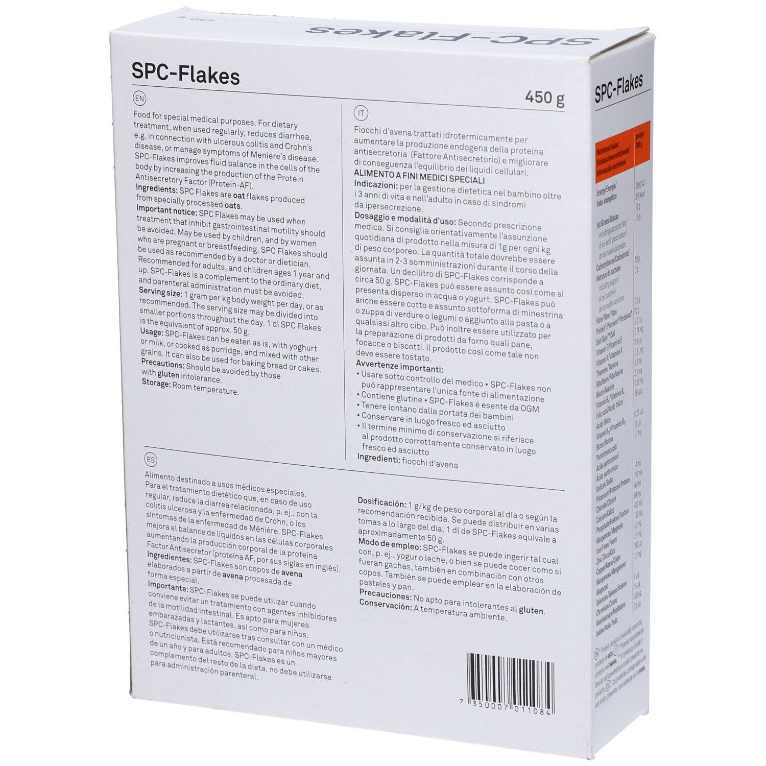 Scatola bianca SPC-Flakes, 450g, testi in inglese, italiano e spagnolo, motivi arancioni.