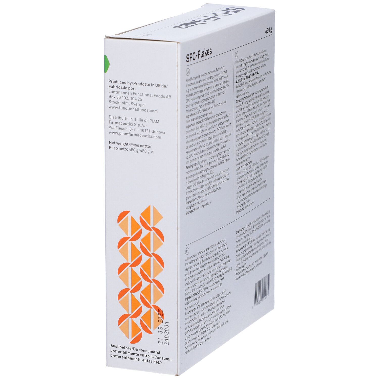 Scatola bianca SPC-Flakes, 450g, testi in inglese, italiano e spagnolo, motivi arancioni.