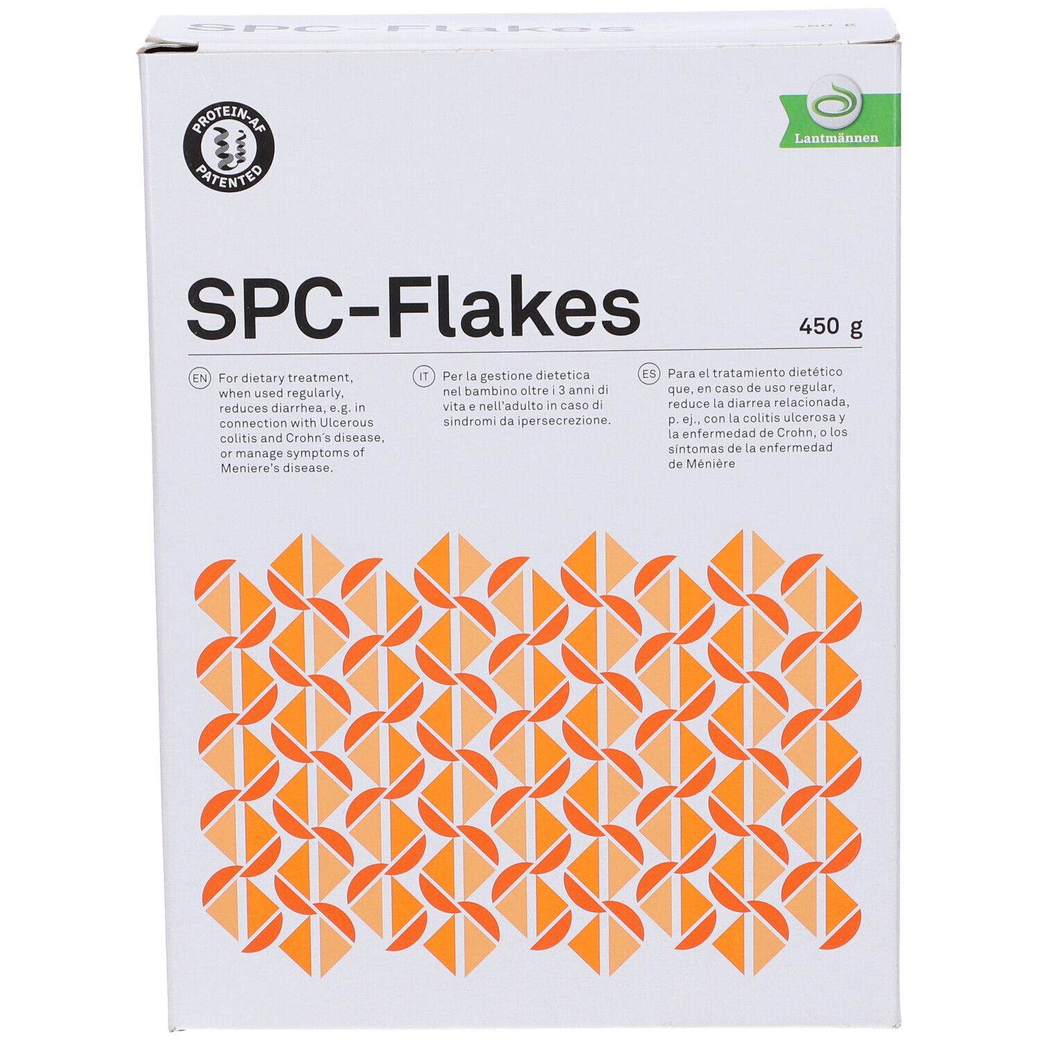 Scatola bianca SPC-Flakes, 450g, testi in inglese, italiano e spagnolo, motivi arancioni.