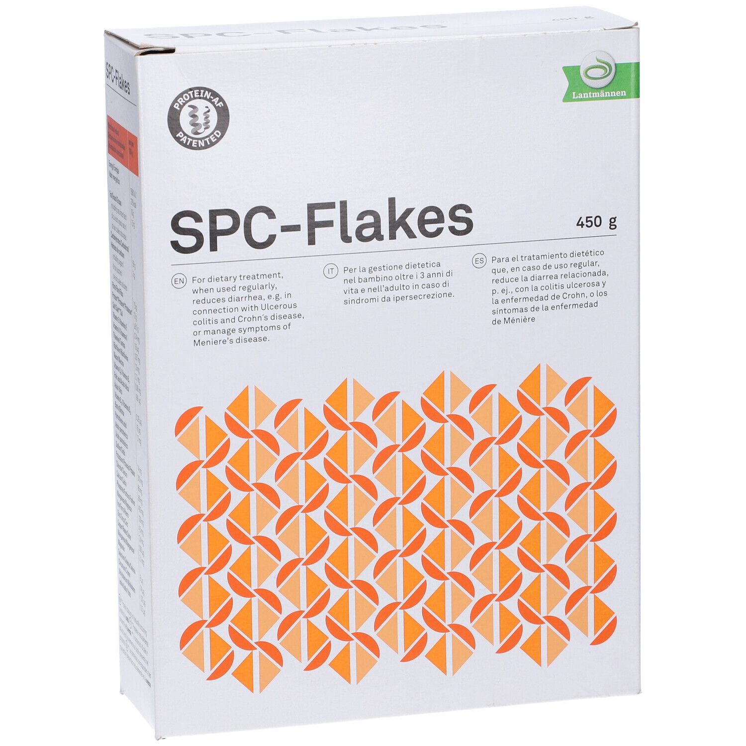 Scatola bianca SPC-Flakes, 450g, testi in inglese, italiano e spagnolo, motivi arancioni.