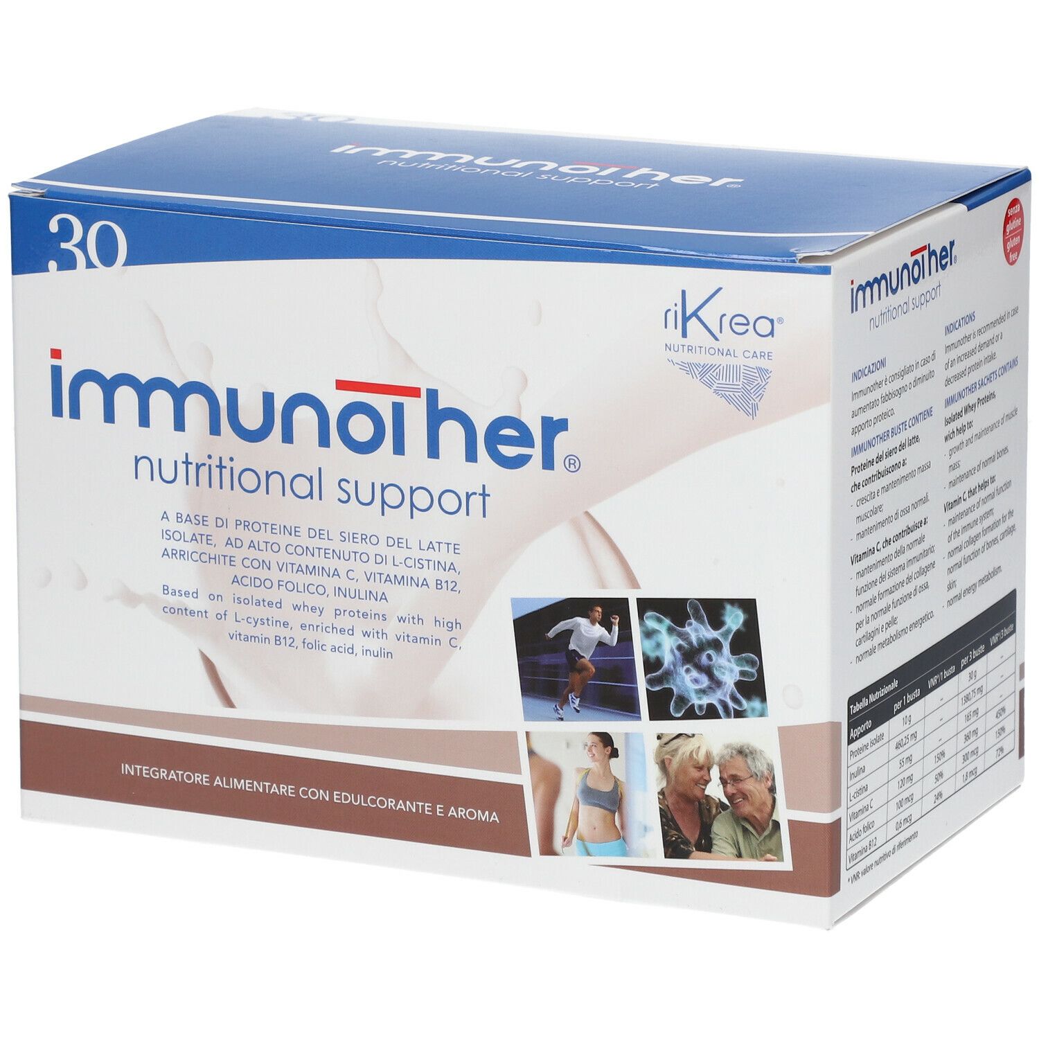 Scatola "immunother" con 30 porzioni. Scritta "Nutritional Support". Immagini di persone e molecole.