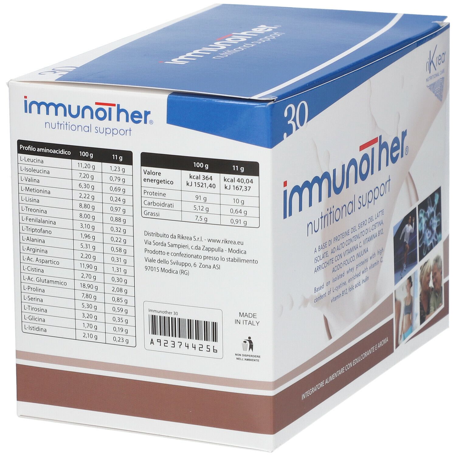 Scatola "immunother" con 30 porzioni. Informazioni nutrizionali e ingredienti sul retro.