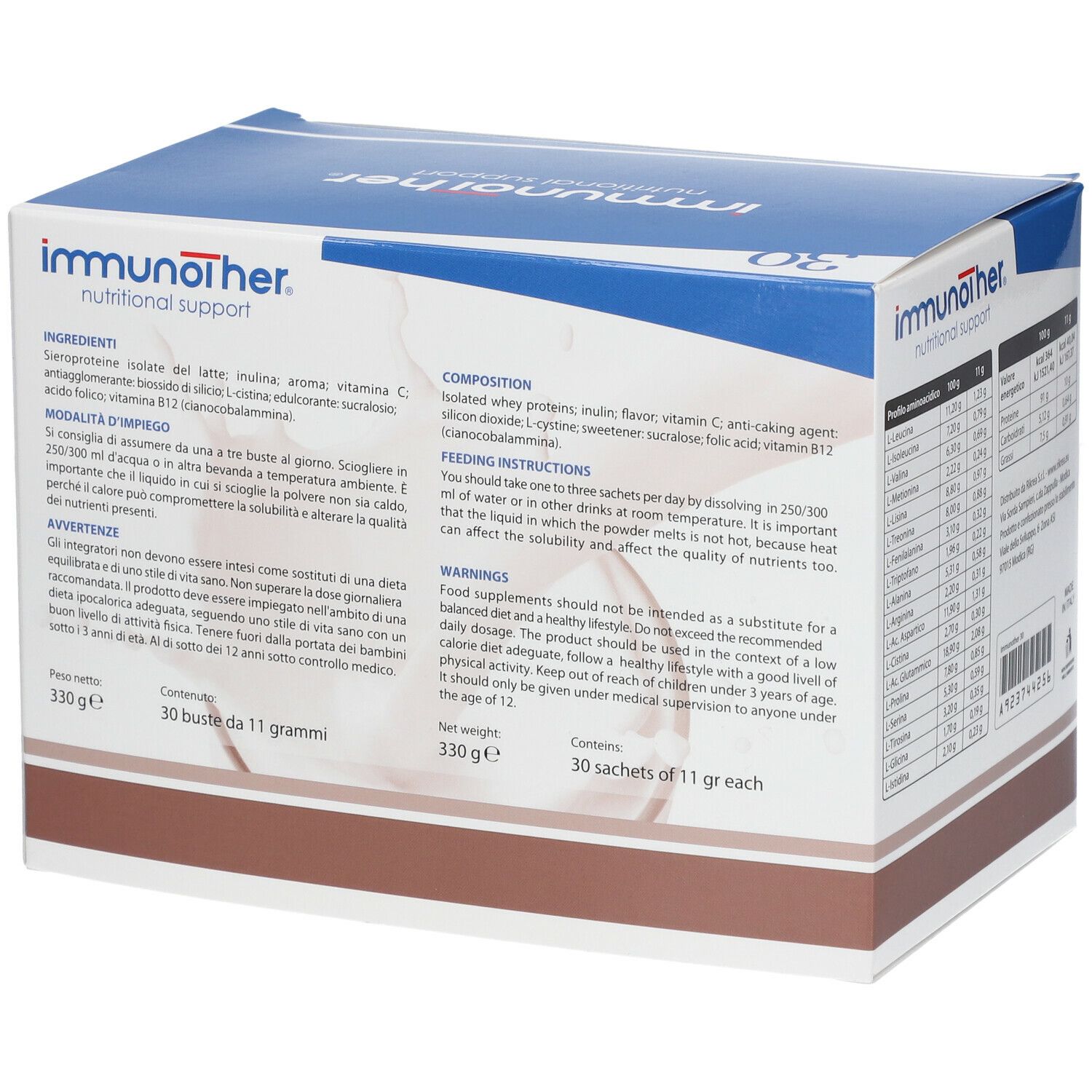 Scatola "immunother" con 30 bustine. Contiene ingredienti e istruzioni. Peso: 330g.