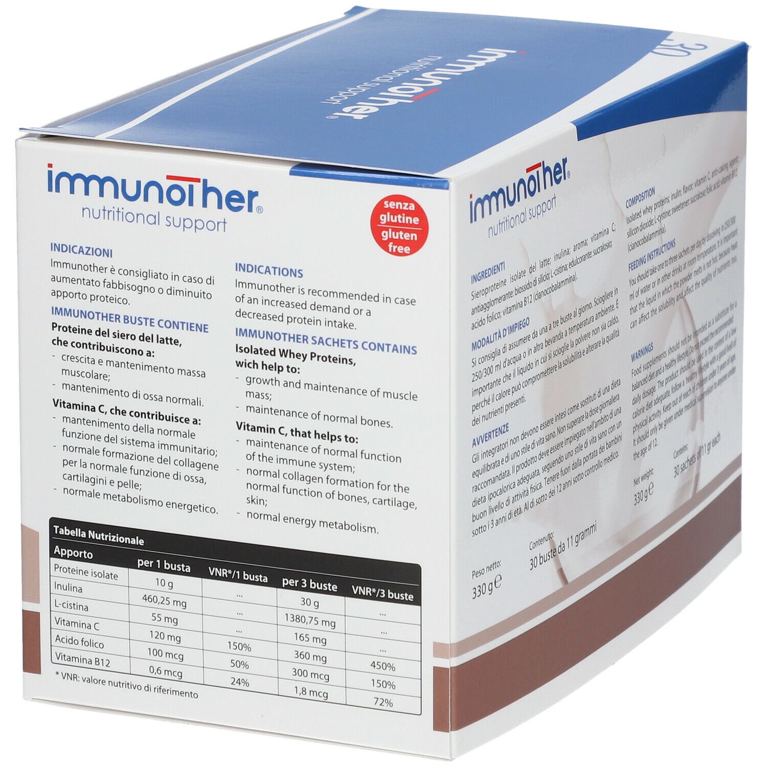 Scatola "immunother" con 30 bustine. Informazioni sugli ingredienti e l'uso. Senza glutine.