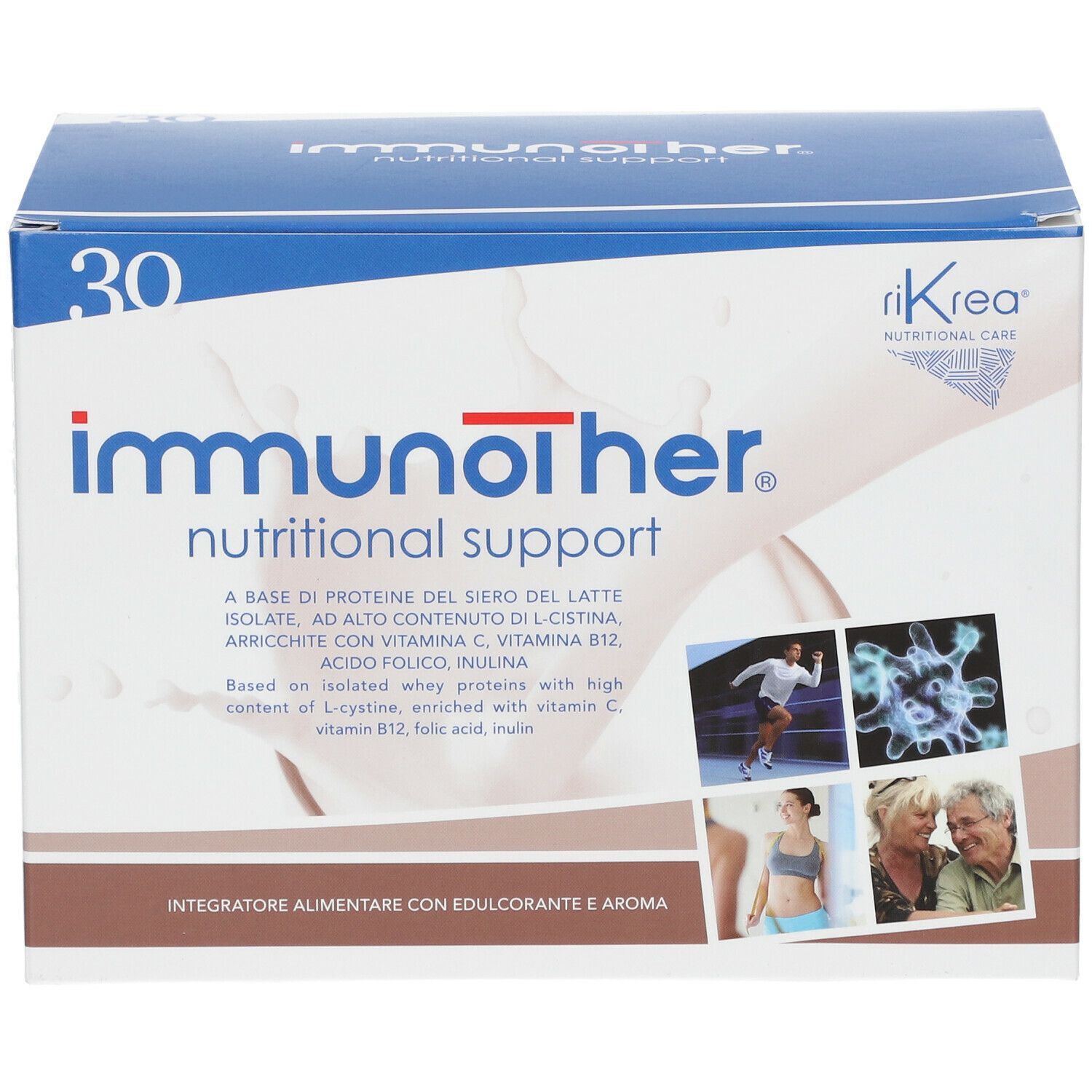Scatola "immunother" con 30 porzioni. Scritta "Nutritional Support". Immagini di persone e molecole.
