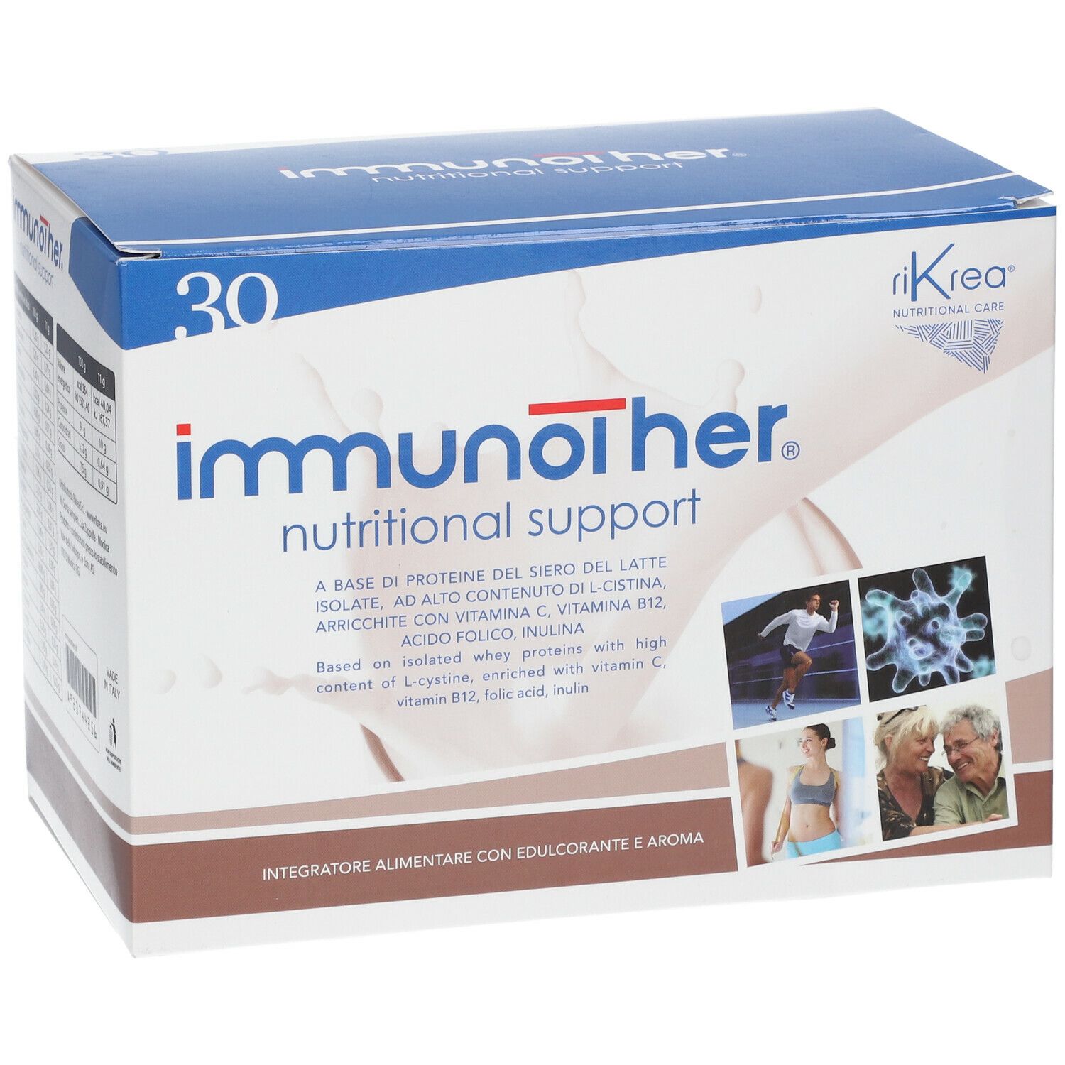 Scatola "immunother" con 30 porzioni. Scritta "Nutritional Support". Immagini di persone e molecole.