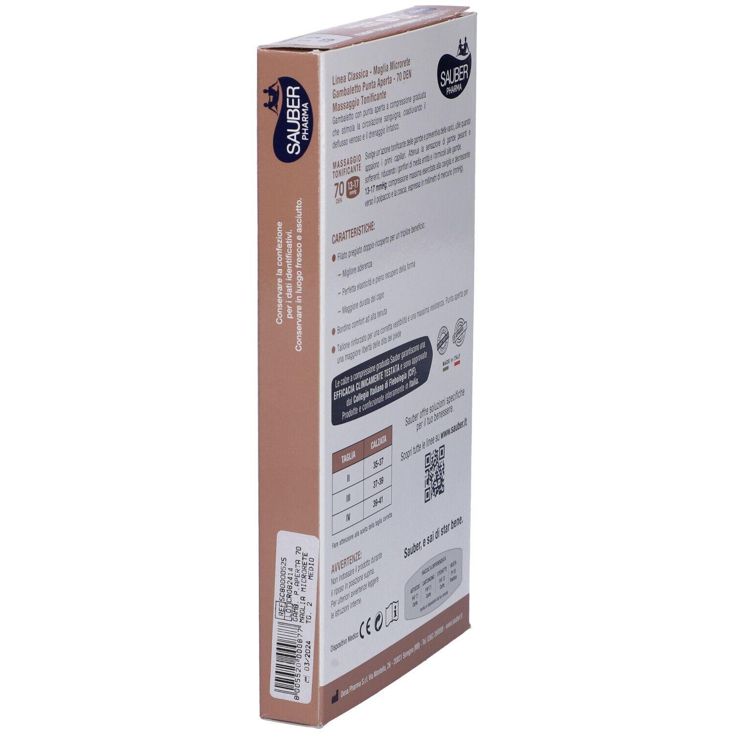 Vista laterale della confezione con informazioni sul prodotto. Sauber Pharma Classica, 70 den, punta aperta. Testo e codice QR.