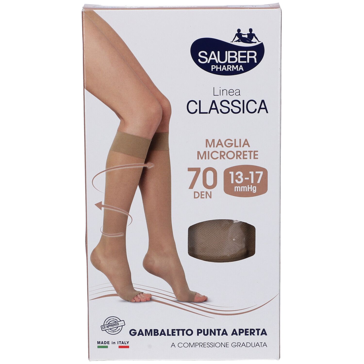 Confezione di gambaletti a compressione Sauber Pharma Classica, 70 den, punta aperta. Calze beige. Made in Italy.