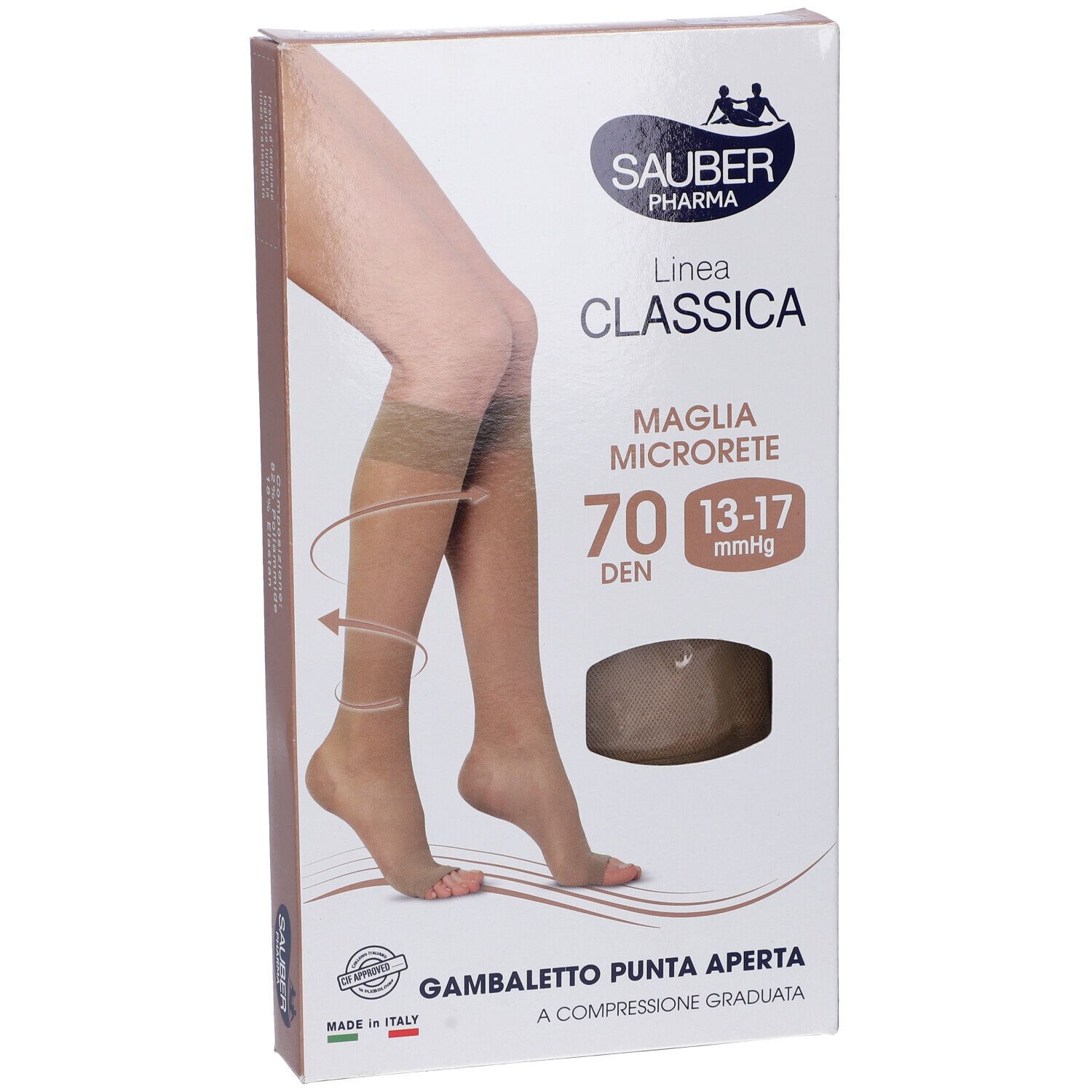 Confezione di gambaletti a compressione Sauber Pharma Classica, 70 den, punta aperta. Calze beige. Made in Italy.