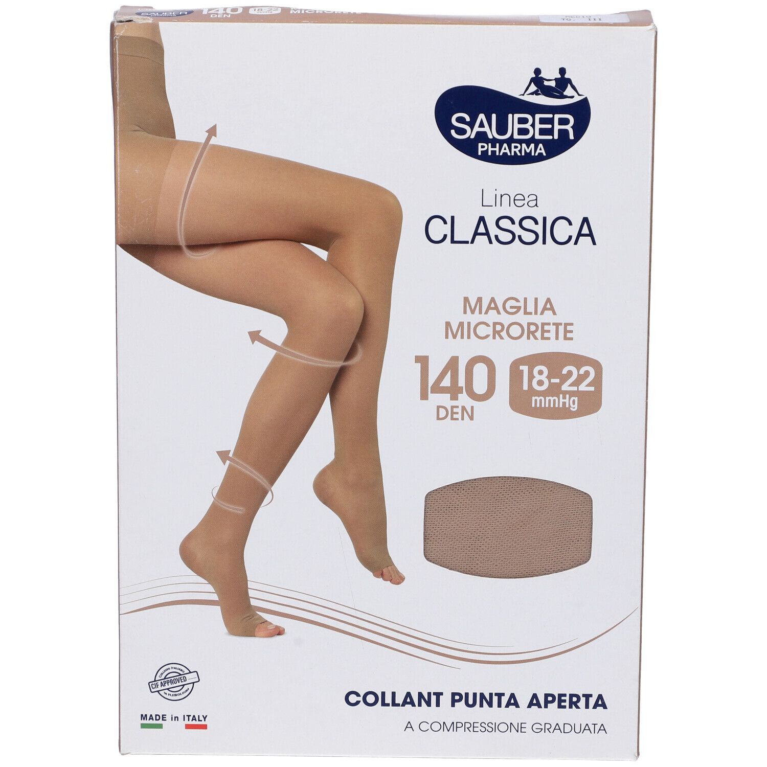 Confezione collant Sauber Pharma, linea Classica, 140 Den, punta aperta. Beige.