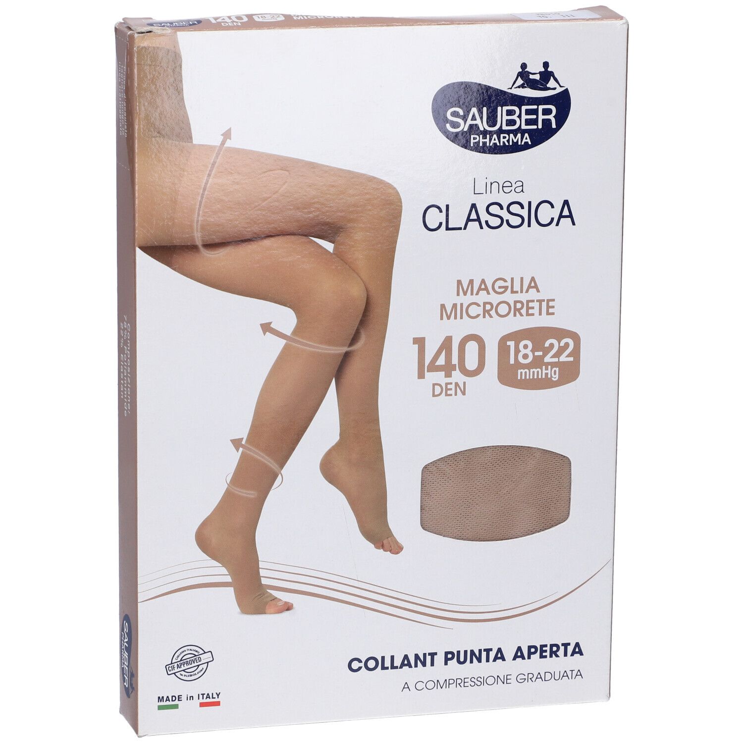 Confezione collant Sauber Pharma, linea Classica, 140 Den, punta aperta. Beige.