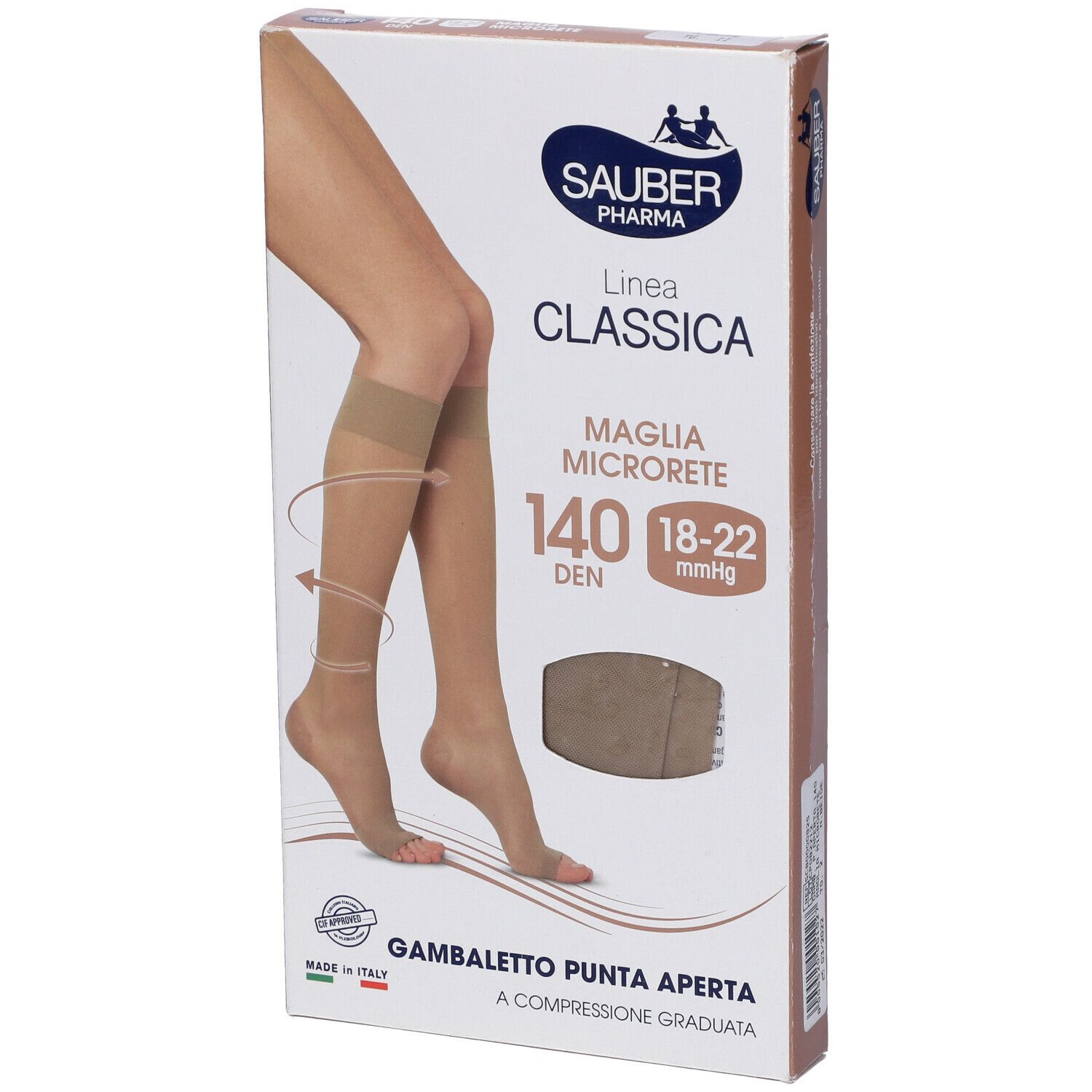 Calze a compressione beige in confezione. Marca Sauber Pharma, modello Classica, 140 denari, punta aperta. Made in Italy.
