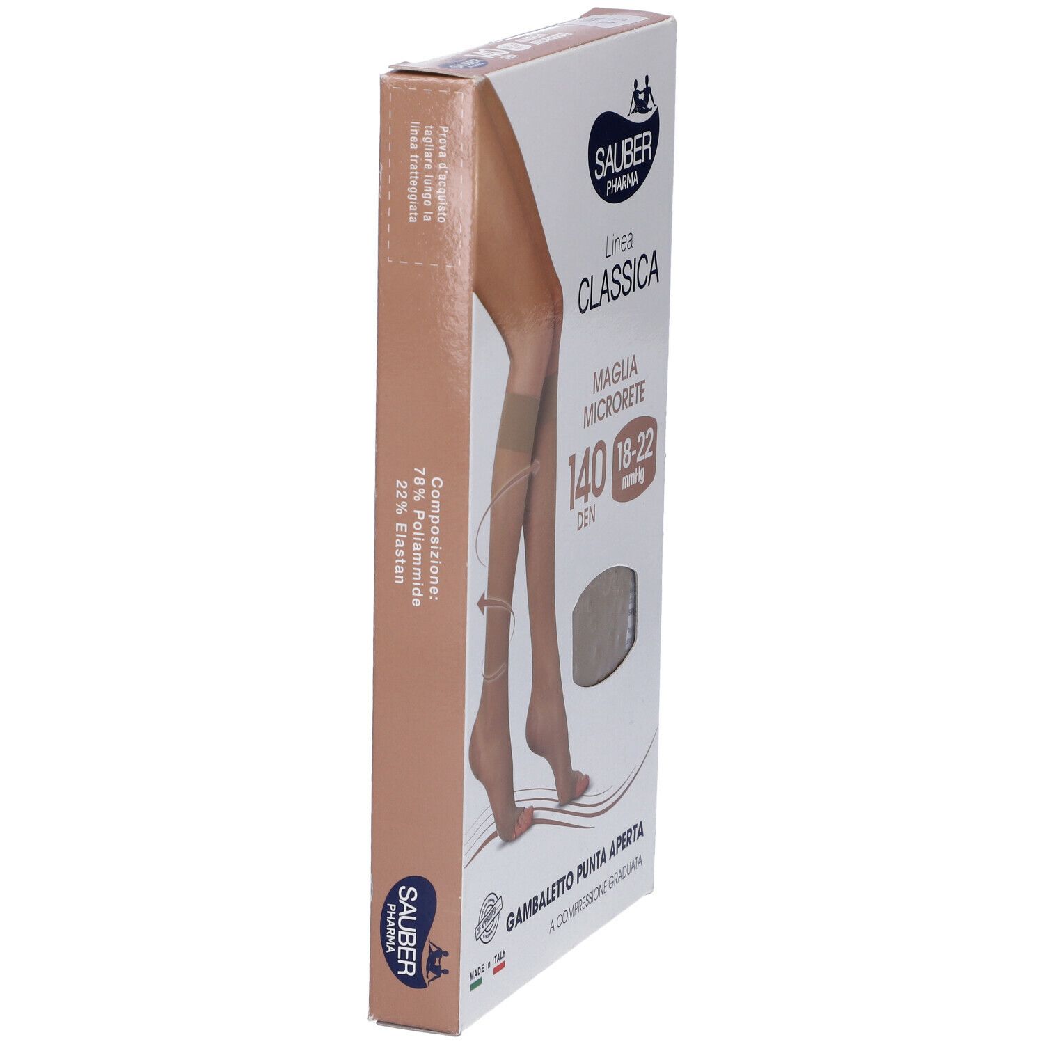 Confezione di calze a compressione. Marca Sauber Pharma, modello Classica, 140 denari, punta aperta. Made in Italy.