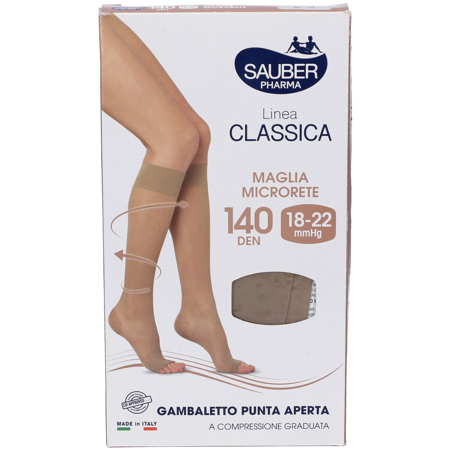 Calze a compressione beige in confezione. Marca Sauber Pharma, modello Classica, 140 denari, punta aperta. Made in Italy.