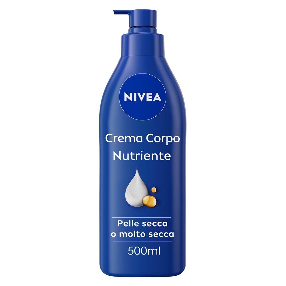 Flacone blu Nivea Crema Corpo Nutriente. Con erogatore. Per pelli secche o molto secche. Testo in italiano.