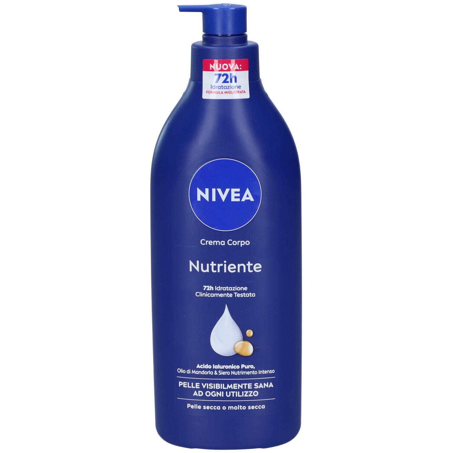 Flacone blu Nivea con testo italiano. 72h idratazione. Per pelli secche o molto secche. Con erogatore.