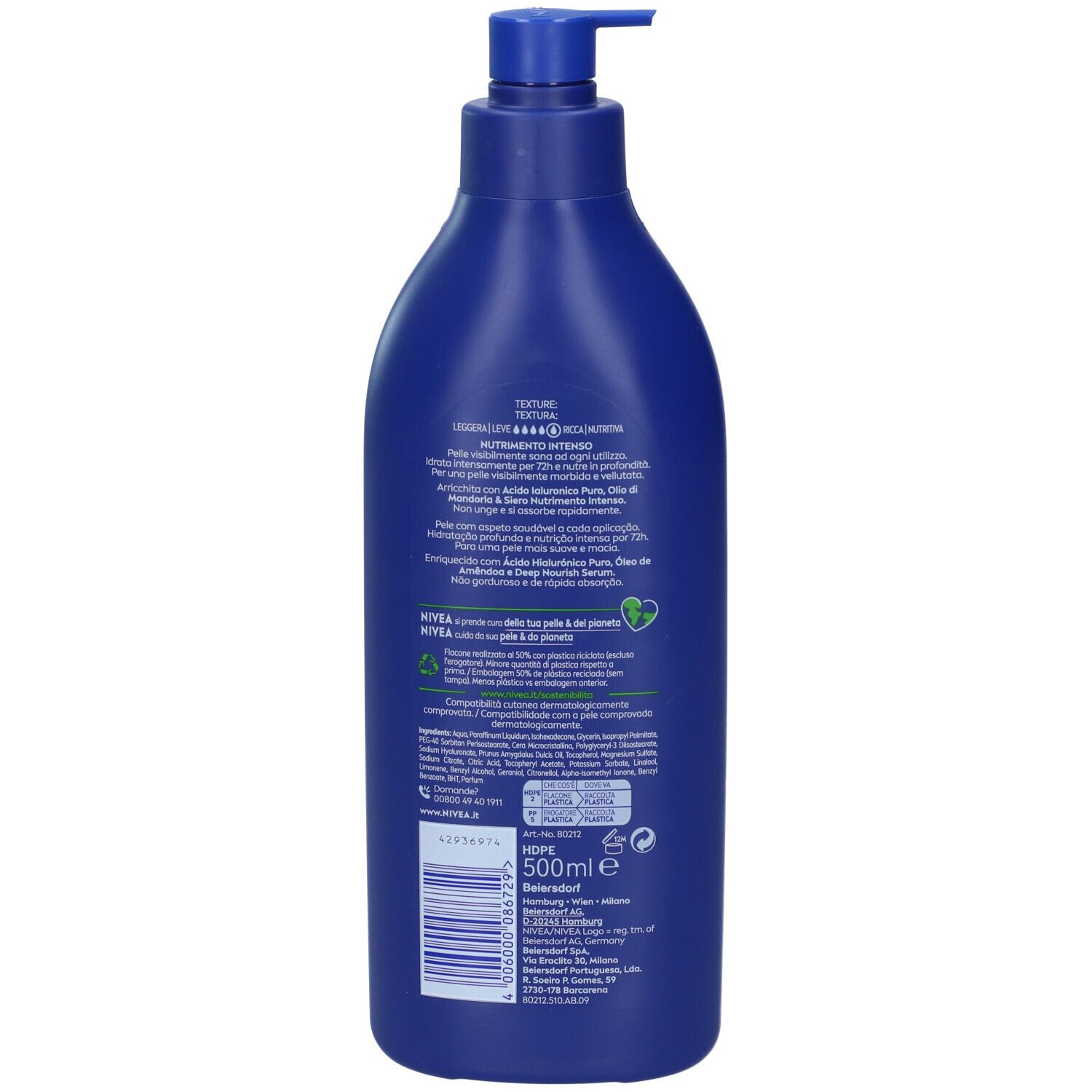 Retro del flacone blu Nivea. Testo italiano. Ingredienti, istruzioni per l'uso, informazioni sul produttore.