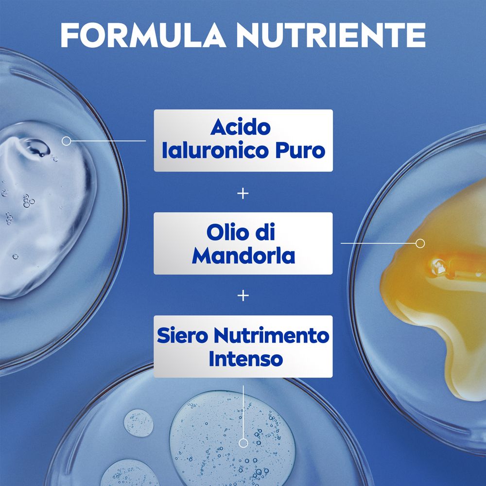 Primo piano di tre contenitori. Testo italiano: Acido ialuronico, olio di mandorla, siero nutritivo intenso. Sfondo blu.