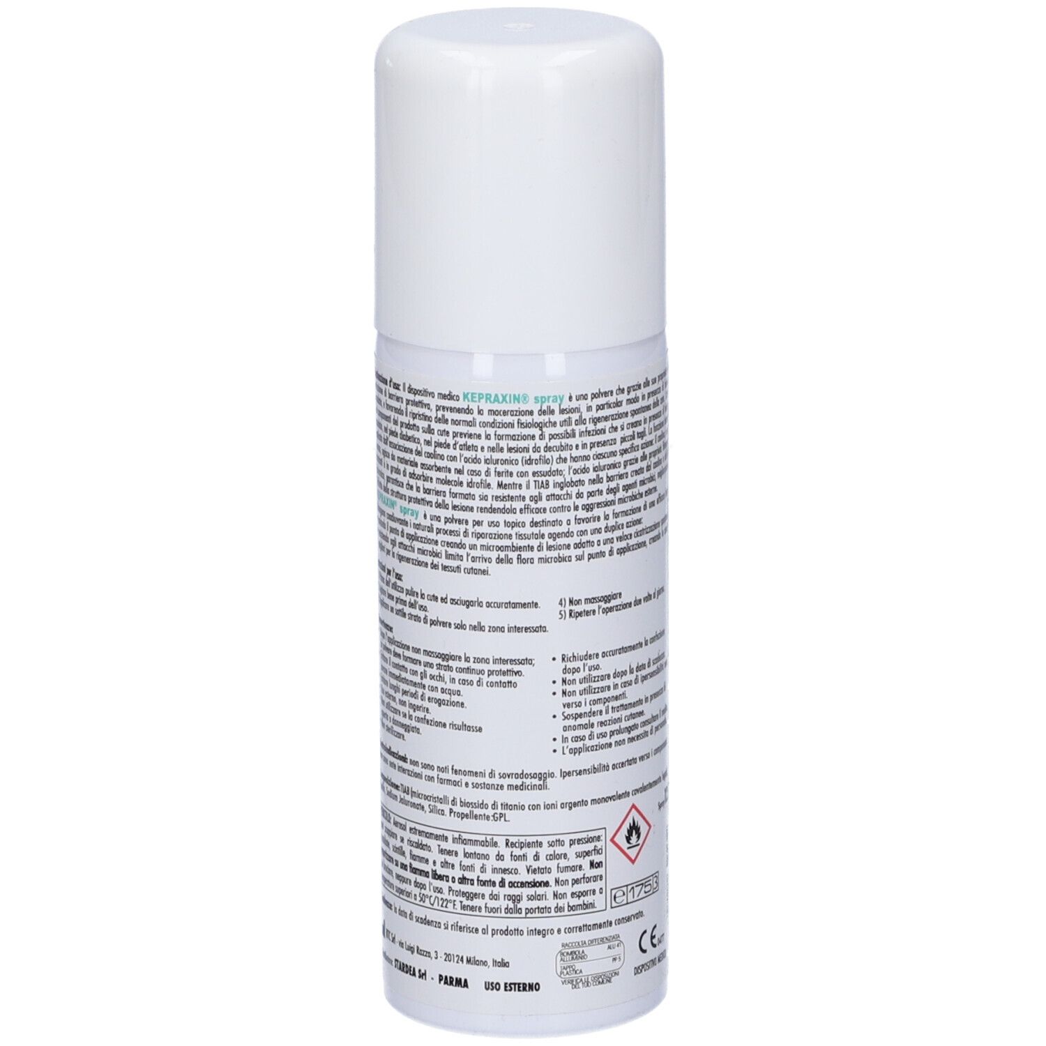 Weißes Spray. Text auf Italienisch. Enthält Informationen zur Anwendung und Inhaltsstoffe. Mit CE-Kennzeichnung.