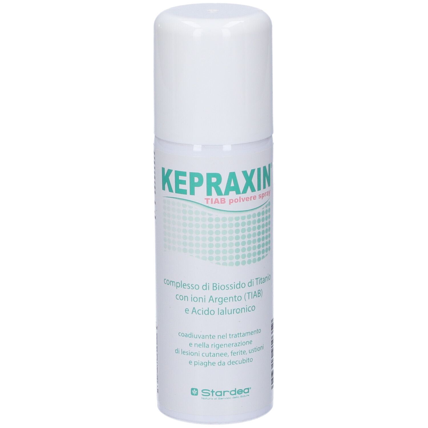 Weißes Spray mit grünem Aufdruck. Beschriftung: Kepraxin Tiab Polvere Spray. Enthält Titandioxid, Silberionen und Hyaluronsäure.