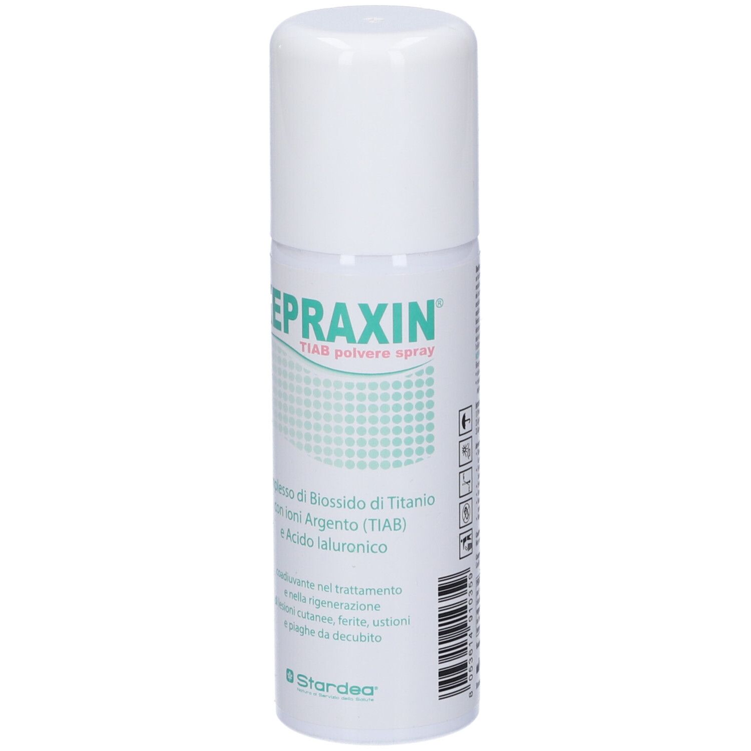 Weißes Spray mit grünem Aufdruck. Beschriftung: Kepraxin Tiab Polvere Spray. Enthält Titandioxid, Silberionen und Hyaluronsäure.
