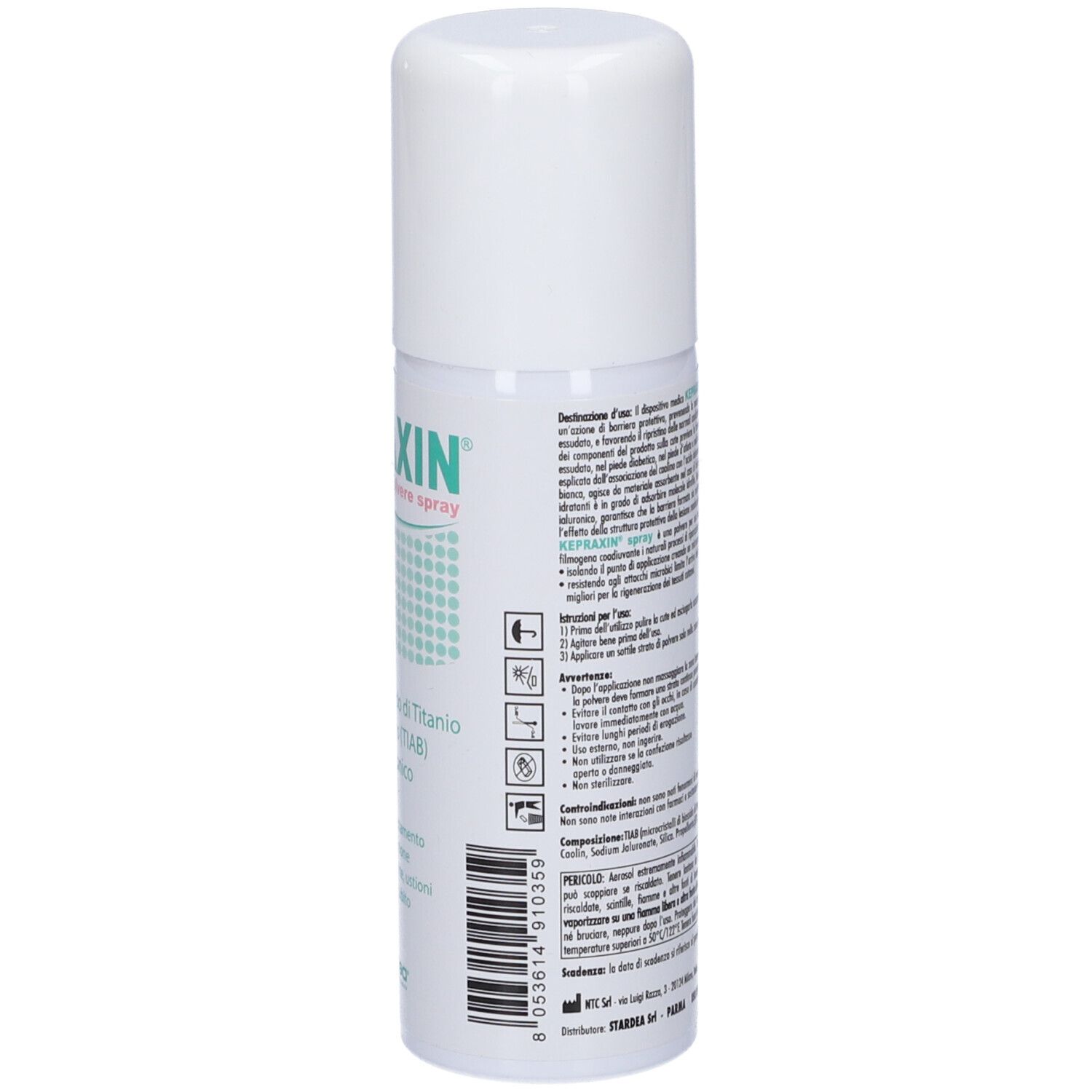 Weißes Spray. Text auf Italienisch. Enthält Informationen zur Anwendung und Inhaltsstoffe. Mit CE-Kennzeichnung.