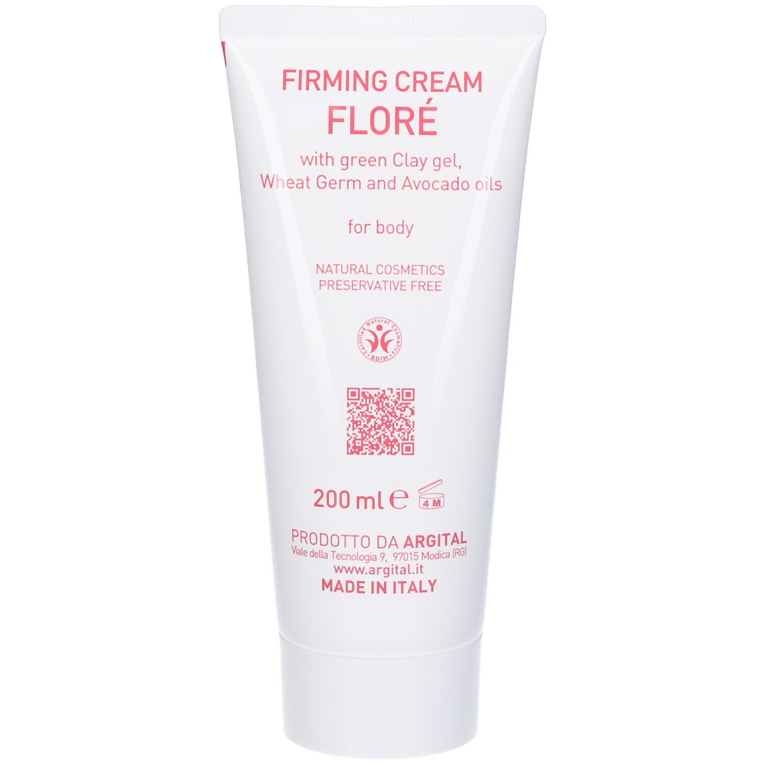 Weiße Tube mit rosa Aufdruck. Text: Firming Cream Floré, mit grüner Tonerde, Weizenkeim- und Avocadoölen. Für den Körper. 200 ml.