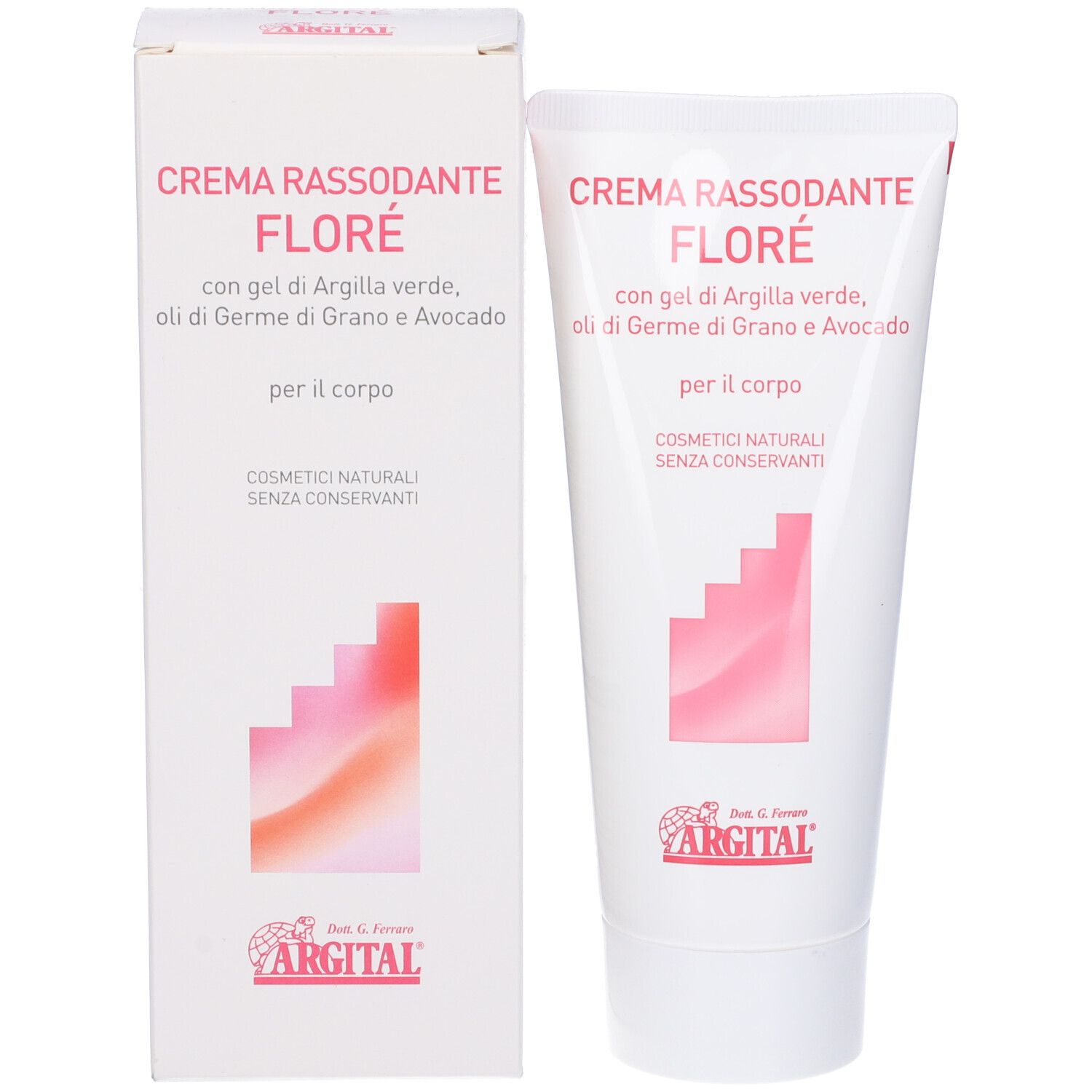Produktpackung mit Tube und Schachtel. Tube: Crema Rassodante Floré, Argital Logo. Schachtel: gleiche Aufschrift. Natürliche Kosmetik ohne Konservierungsstoffe.
