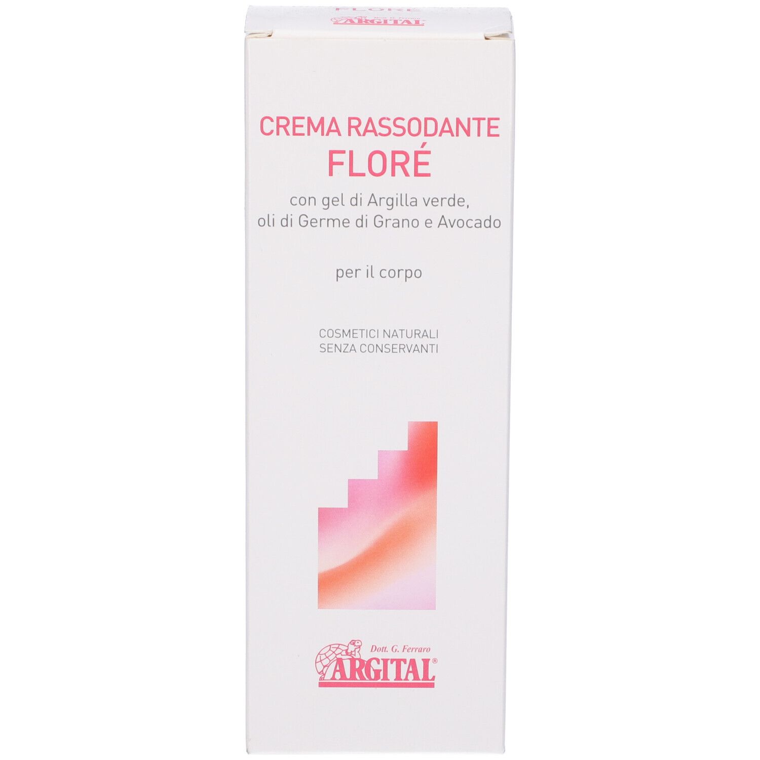 Weiße Schachtel mit rosa Aufdruck. Text: Crema Rassodante Floré, Argital Logo. Für den Körper. Natürliche Kosmetik ohne Konservierungsstoffe.