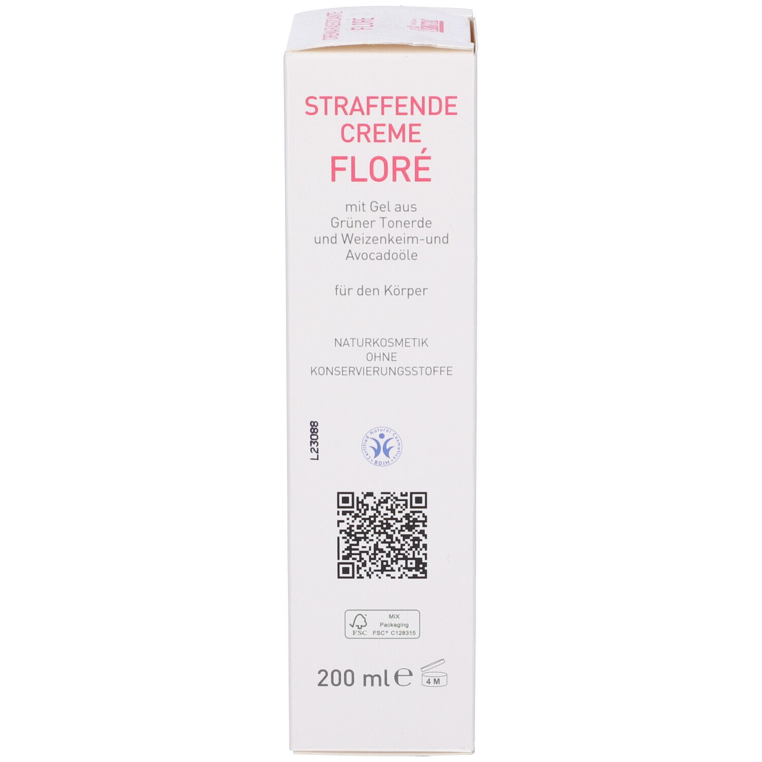 Weiße Schachtel mit rosa Aufdruck. Text: Straffende Creme Floré, mit grüner Tonerde, Weizenkeim- und Avocadoöl. 200 ml. Naturkosmetik.