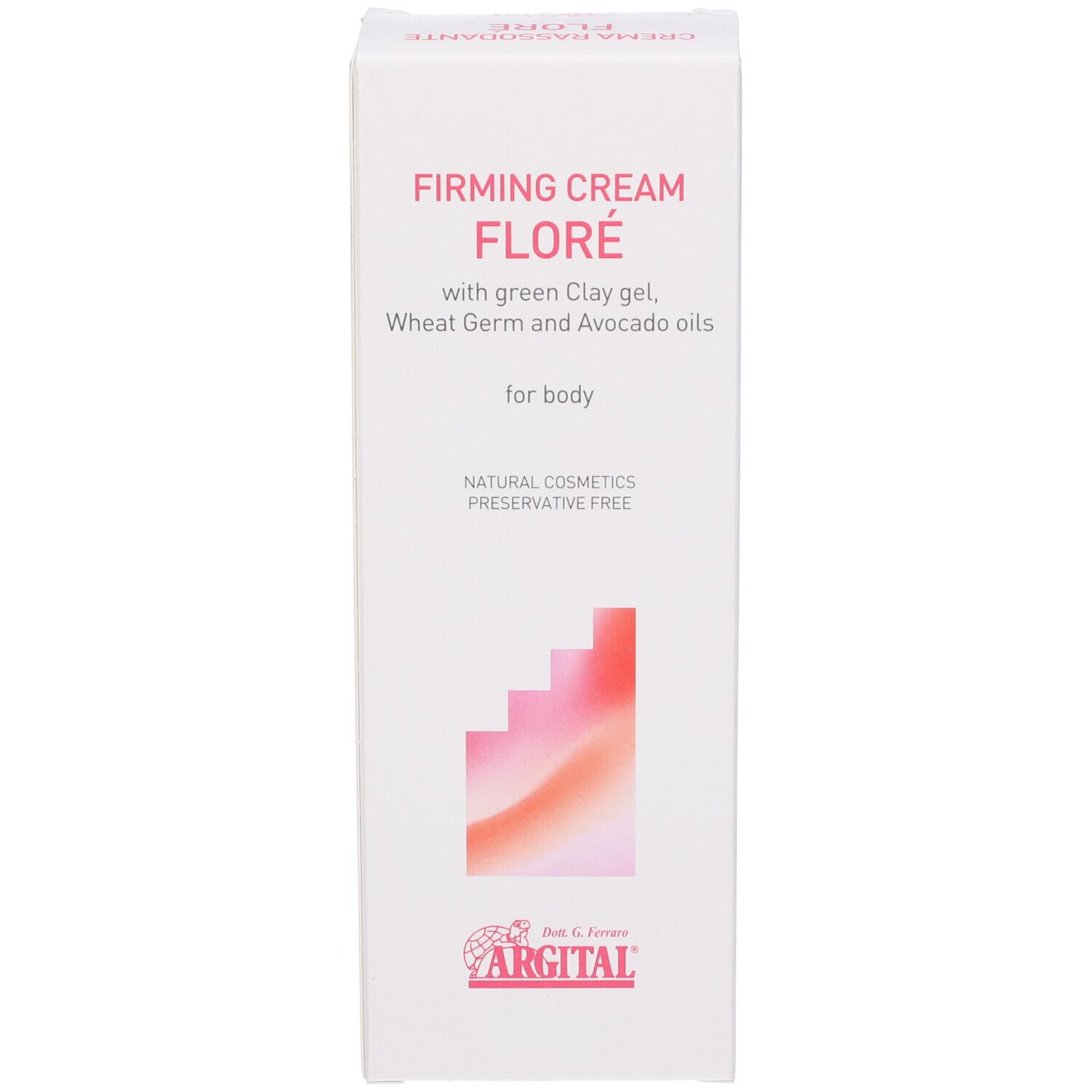 Weiße Schachtel mit rosa Aufdruck. Text: Firming Cream Floré, mit grüner Tonerde, Weizenkeim- und Avocadoölen. Für den Körper. Naturkosmetik.