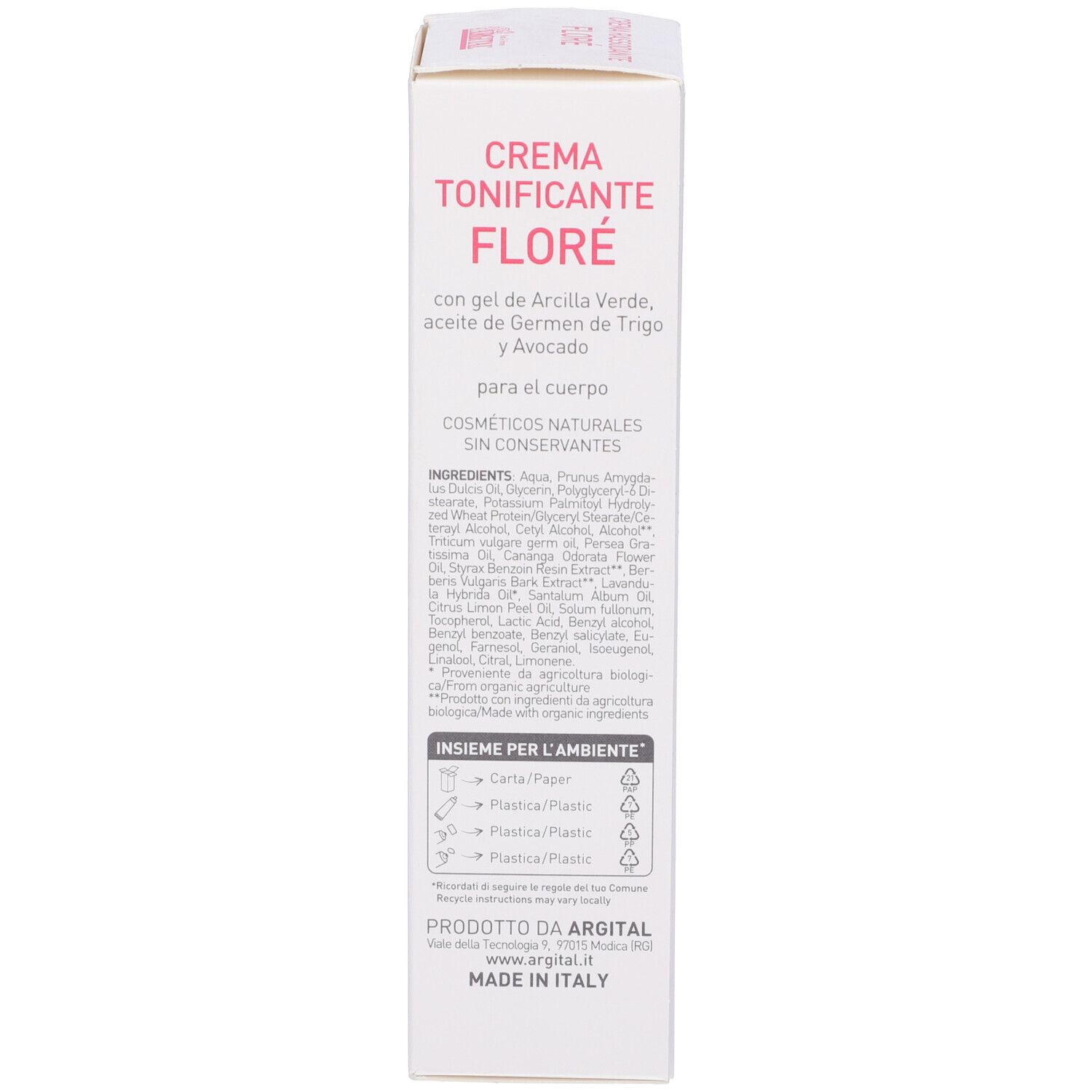 Weiße Schachtel mit rosa Aufdruck. Text: Crema Tonificante Floré, mit grüner Tonerde, Weizenkeim- und Avocadoöl. Inhaltsstoffe. 200 ml. Made in Italy.